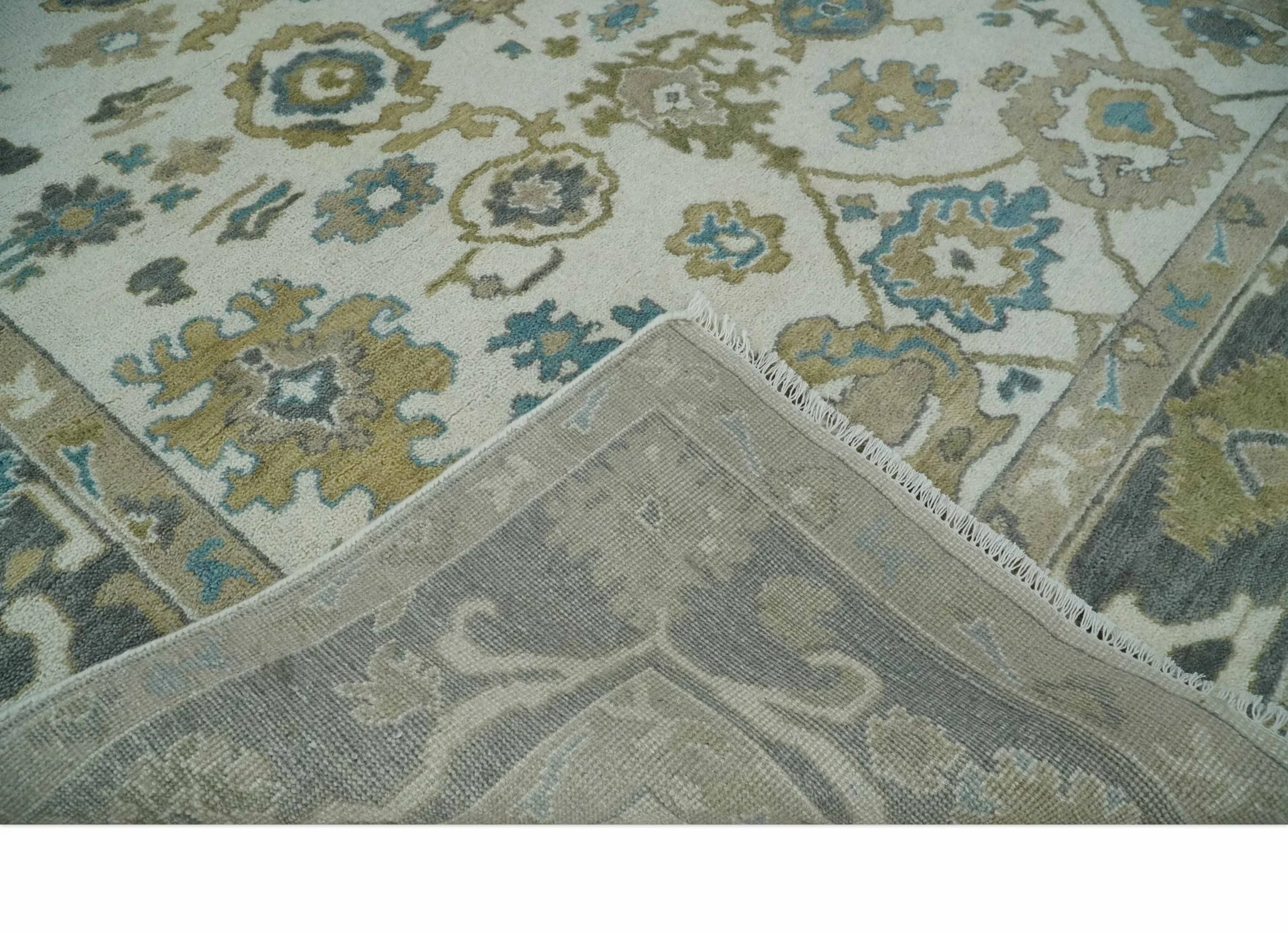 Custom Made Traditional Ivory and Charcoal Hand knotted Oushak Wool Area Rug - Image 6