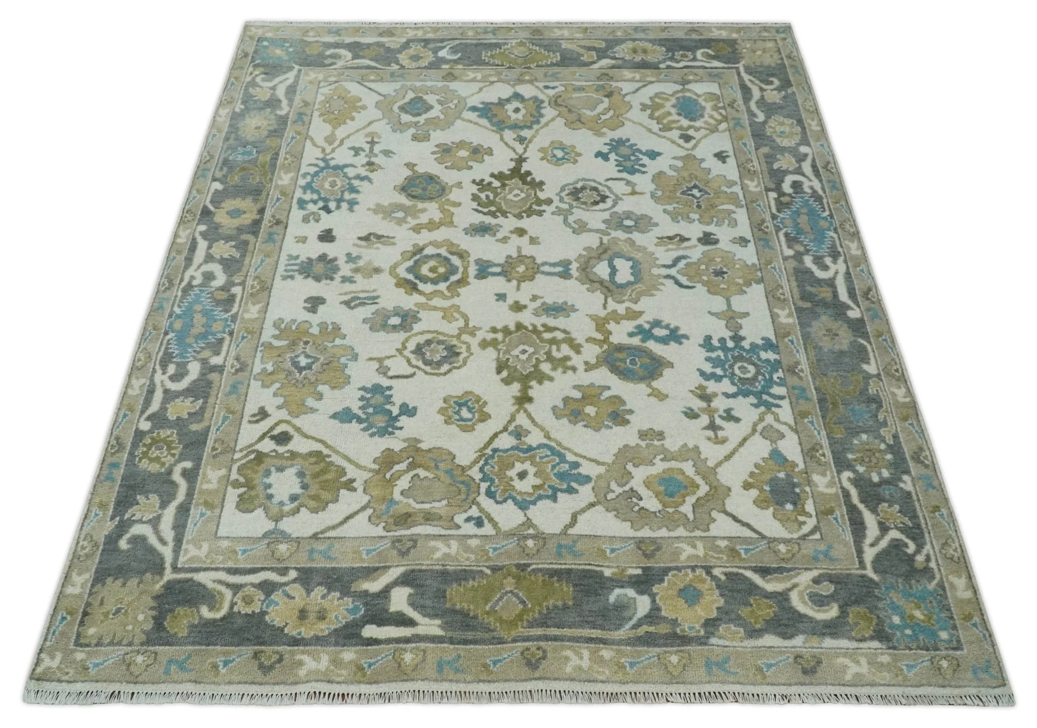 Custom Made Traditional Ivory and Charcoal Hand knotted Oushak Wool Area Rug - Image 9