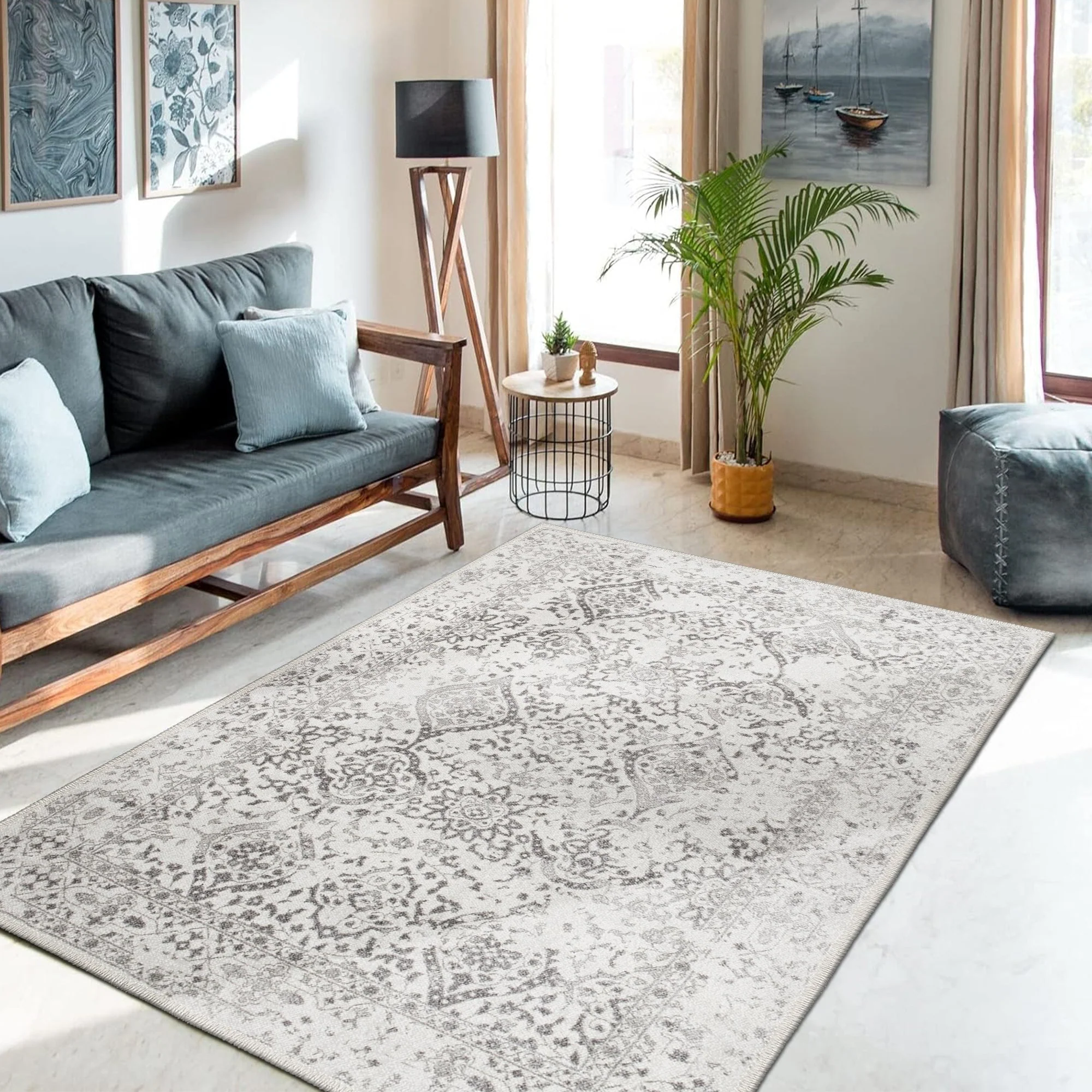 Traditional Ivory And Grey Machine Washable Cotton Area Rug - Image 2