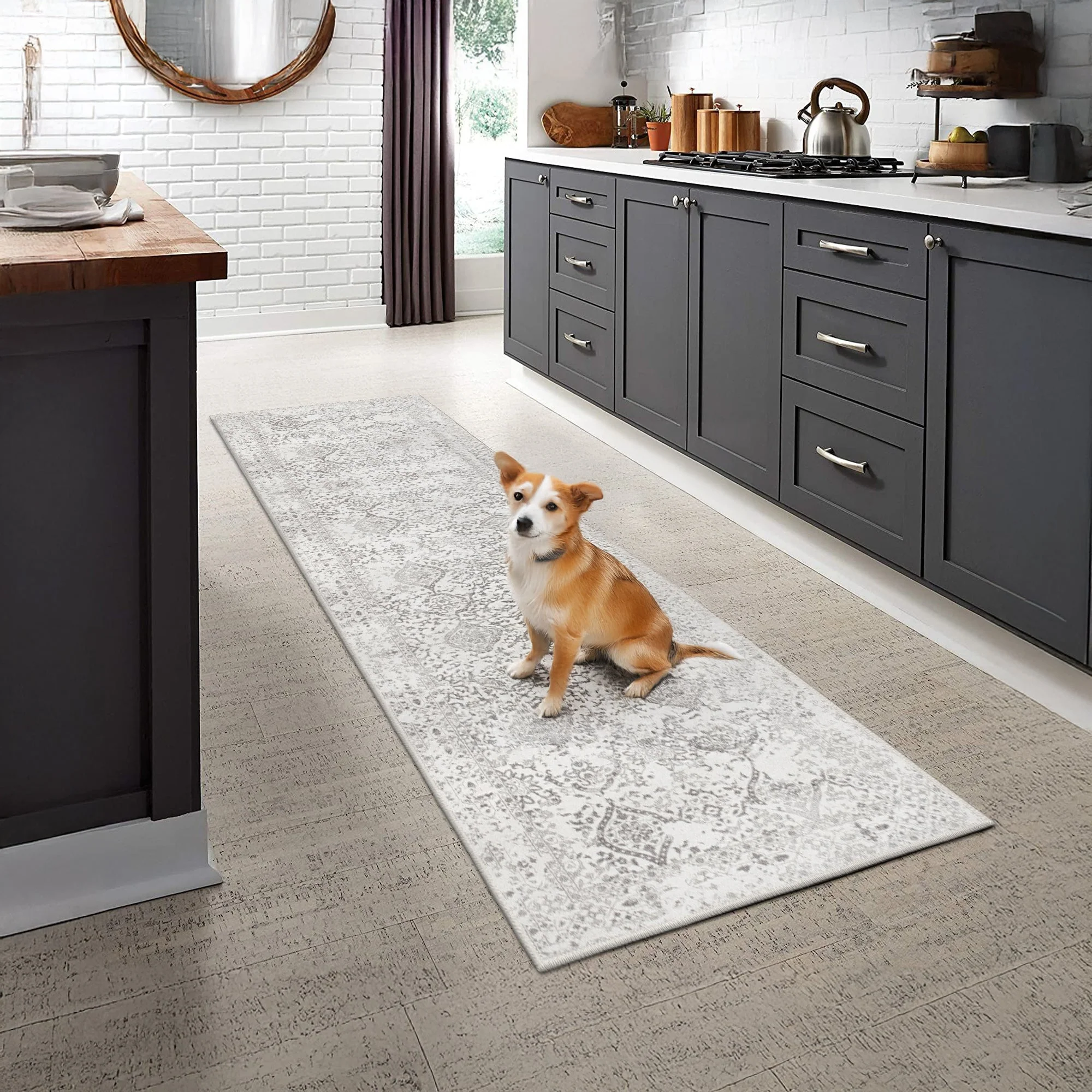 Traditional Ivory And Grey Machine Washable Cotton Area Rug - Image 3