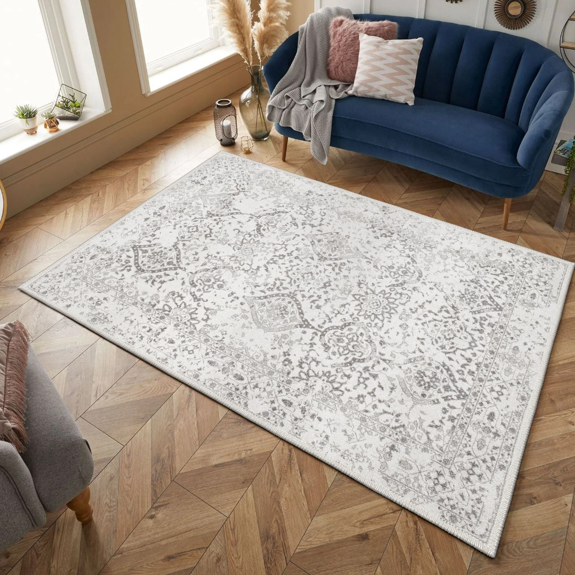 Traditional Ivory And Grey Machine Washable Cotton Area Rug - Image 4