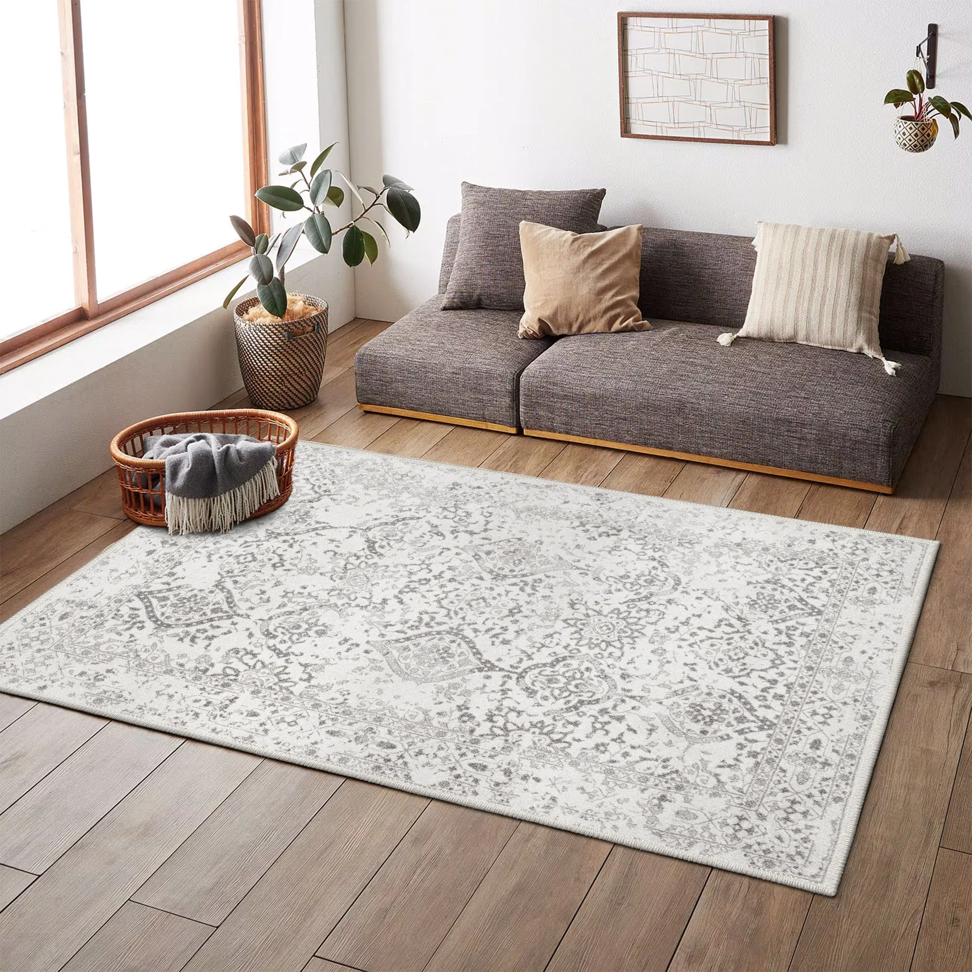 Traditional Ivory And Grey Machine Washable Cotton Area Rug - Image 5