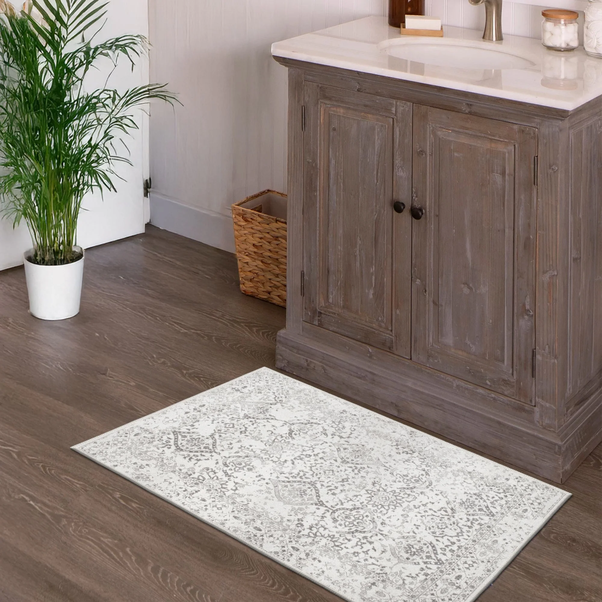 Traditional Ivory And Grey Machine Washable Cotton Area Rug - Image 6