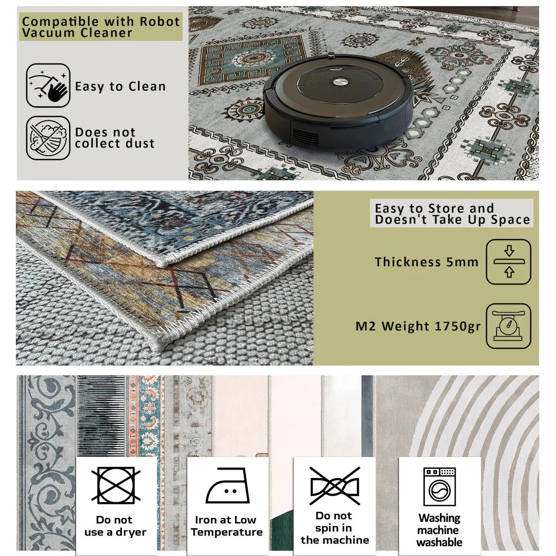 Traditional Ivory And Grey Machine Washable Cotton Area Rug - Image 9