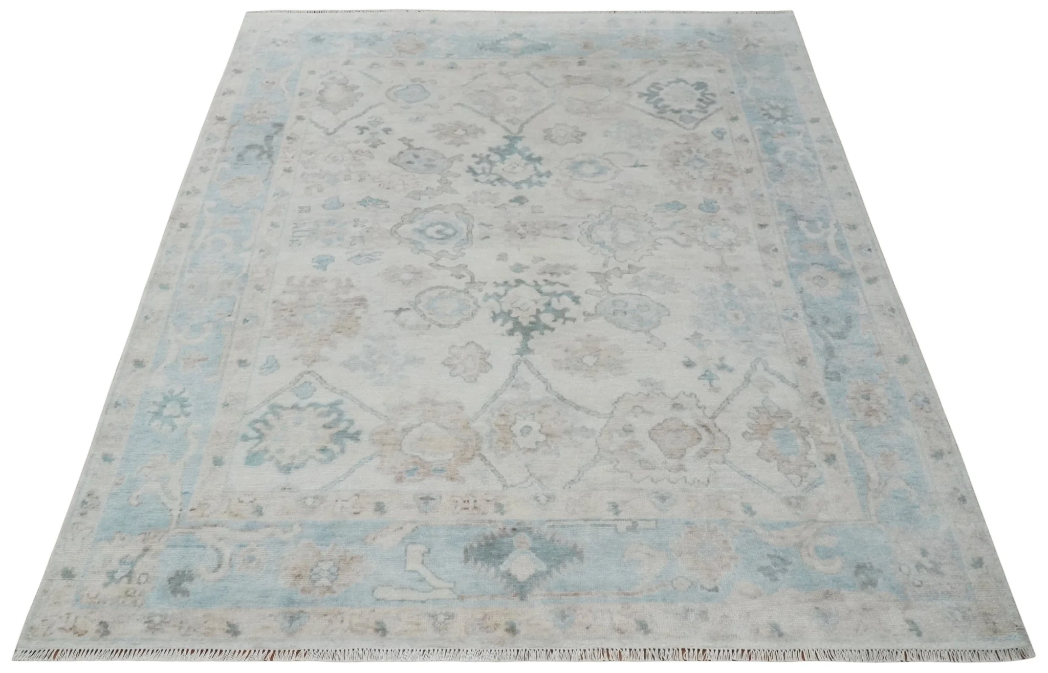Custom Made Traditional Ivory and Silver Antique Style Oushak Hand knotted Wool Area Rug - Image 10
