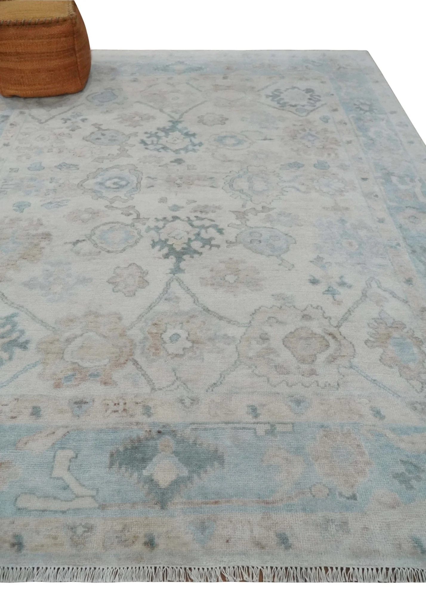 Custom Made Traditional Ivory and Silver Antique Style Oushak Hand knotted Wool Area Rug - Image 3