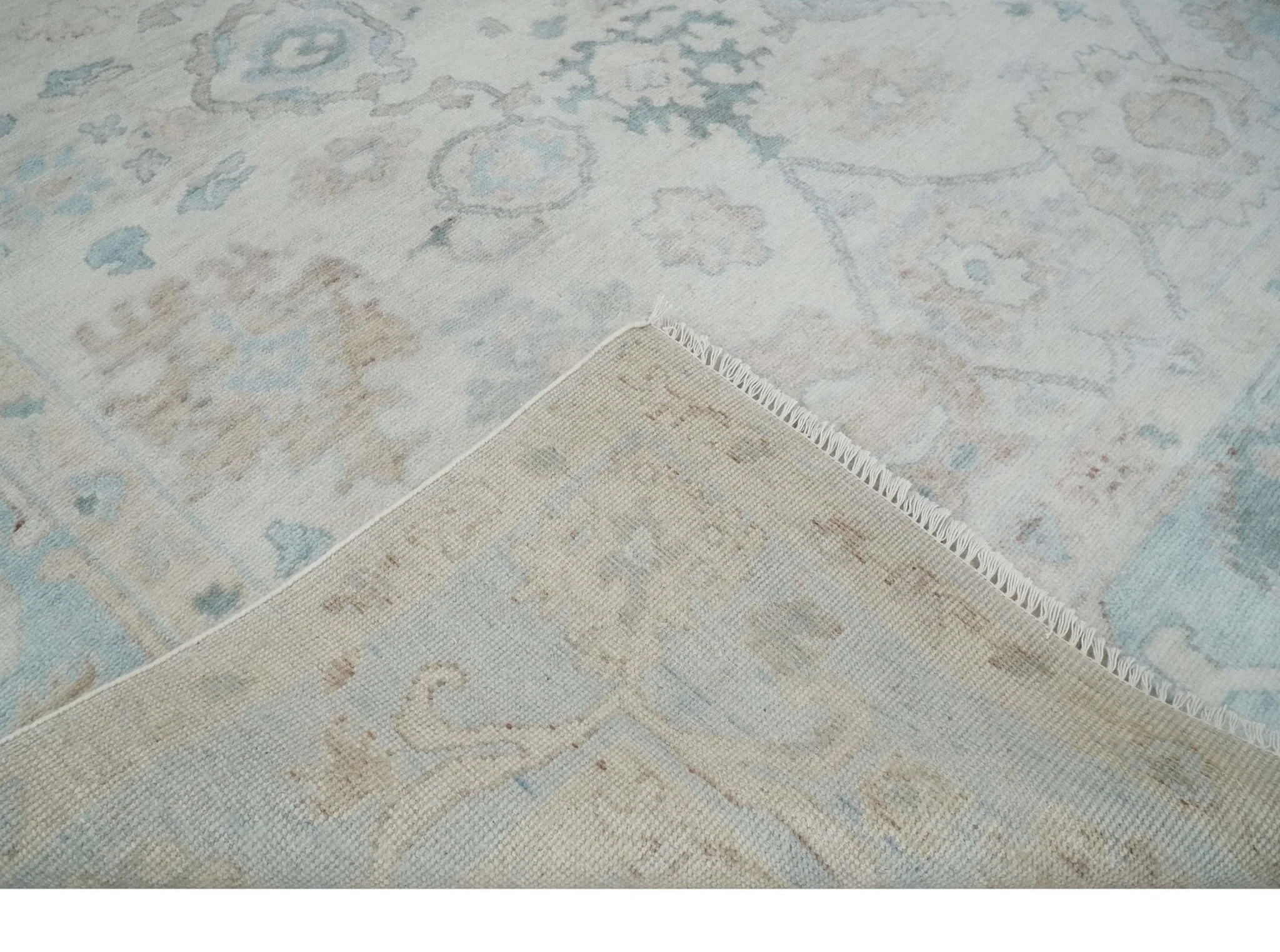 Custom Made Traditional Ivory and Silver Antique Style Oushak Hand knotted Wool Area Rug - Image 7