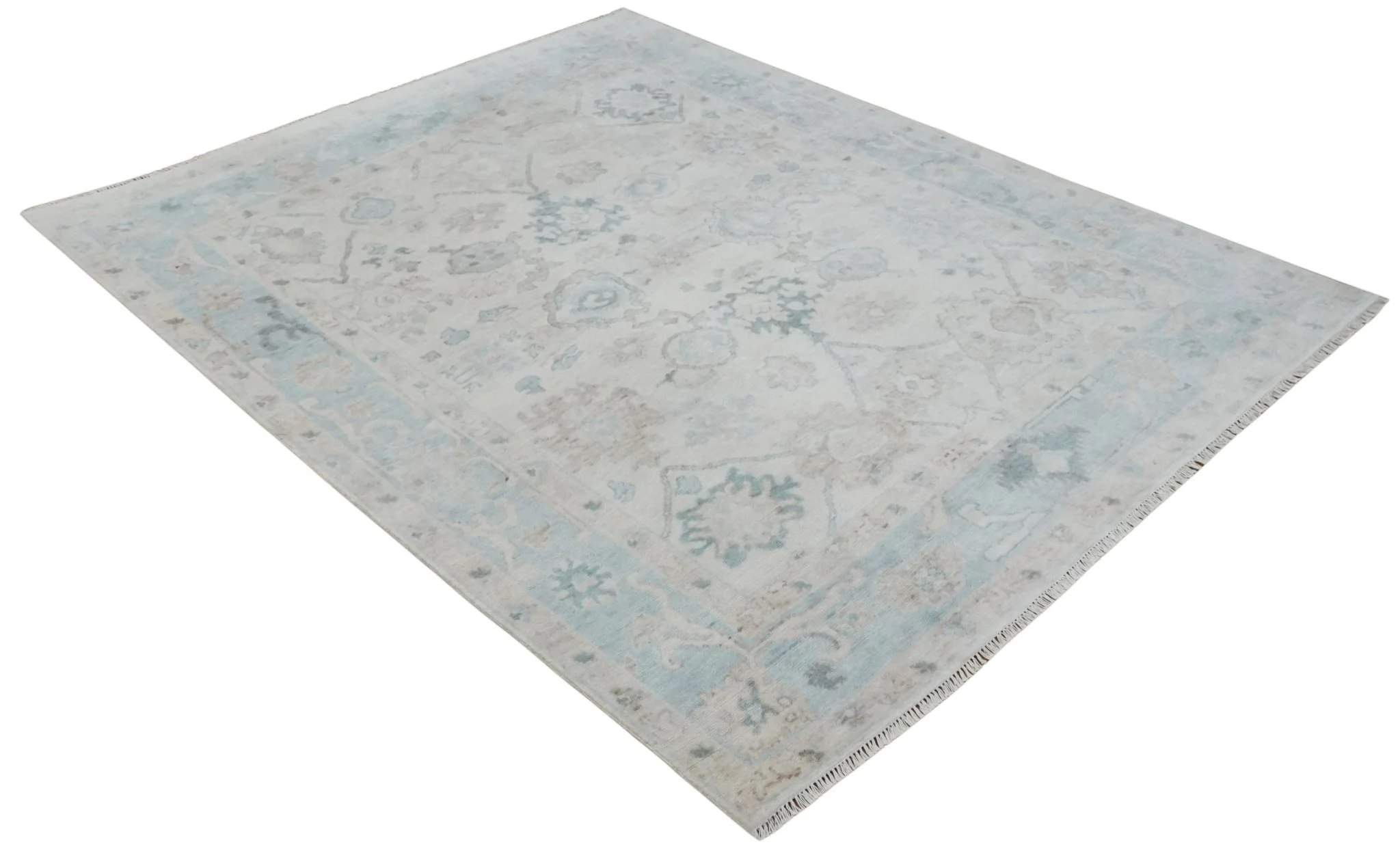Custom Made Traditional Ivory and Silver Antique Style Oushak Hand knotted Wool Area Rug - Image 9