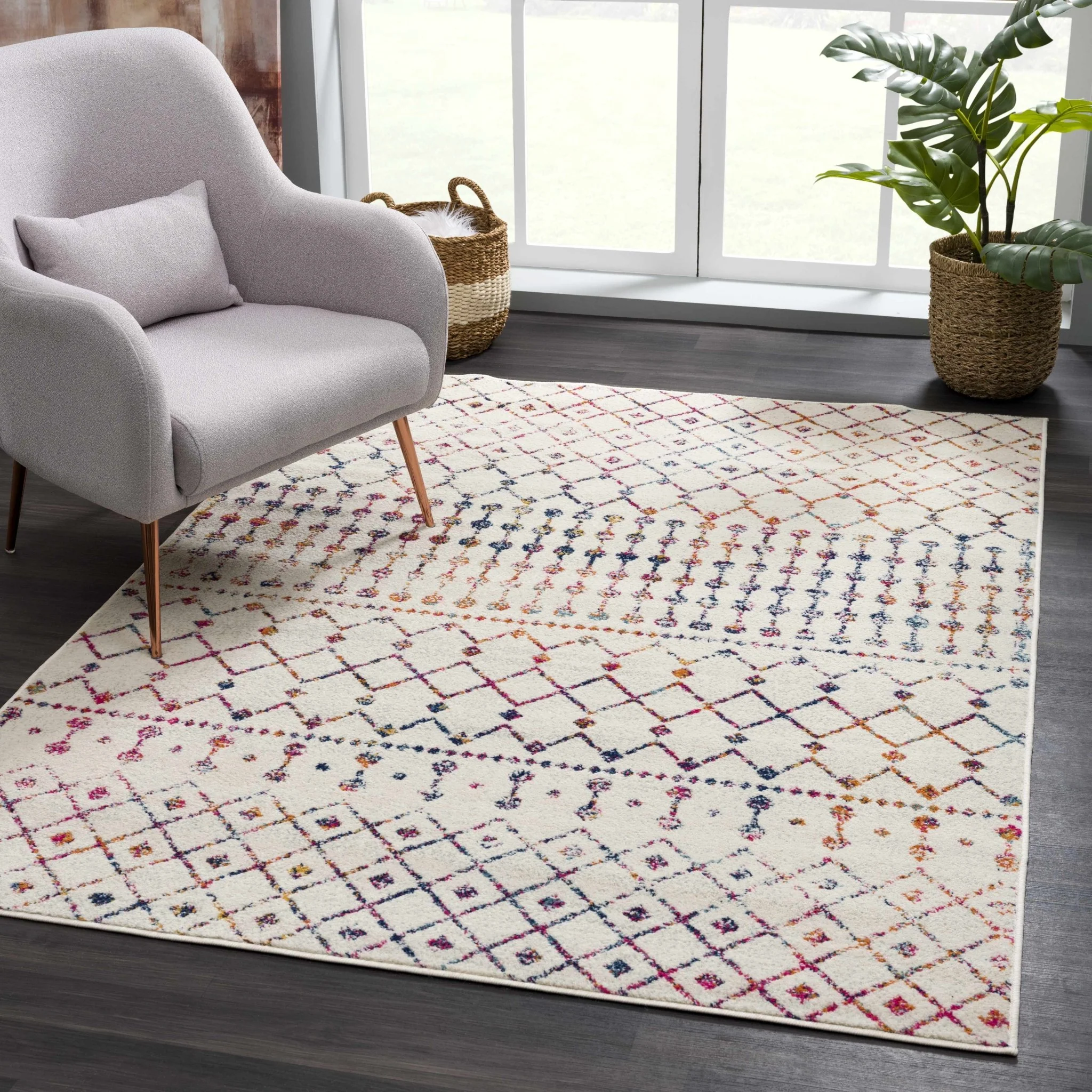 Traditional Ivory, Blue, Gold Multi color Tribal Trellis Area Rug - Image 2