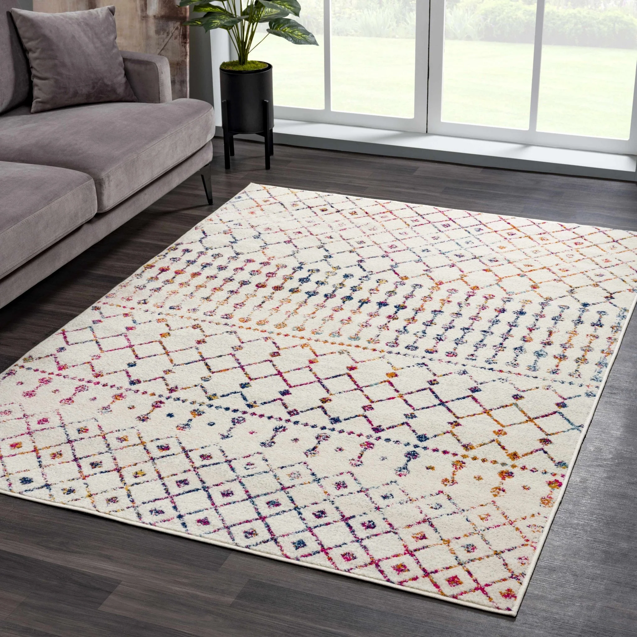 Traditional Ivory, Blue, Gold Multi color Tribal Trellis Area Rug - Image 3