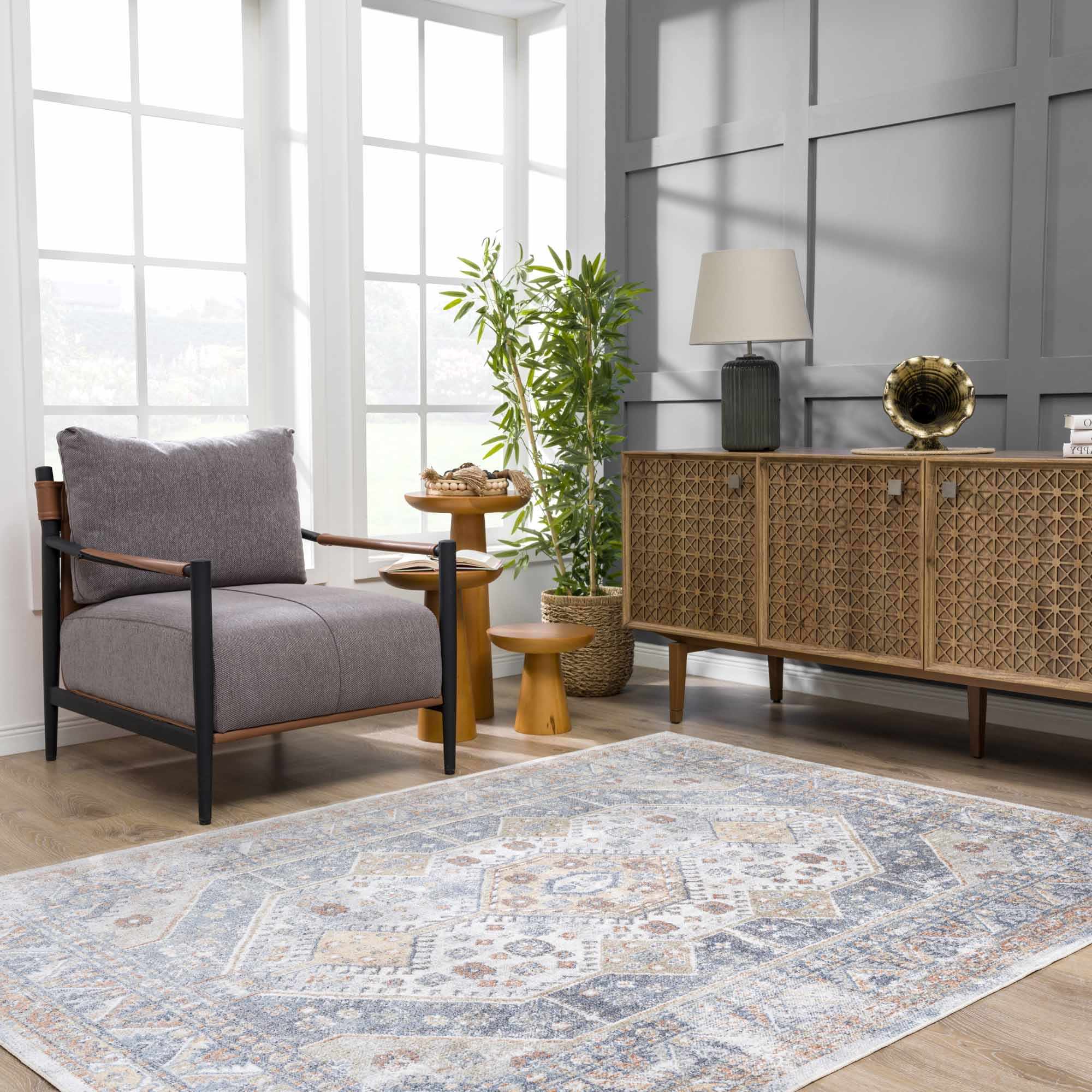 Traditional Ivory, Charcoal and Camel Vintage Style Machine Washable Area Rug - Image 20