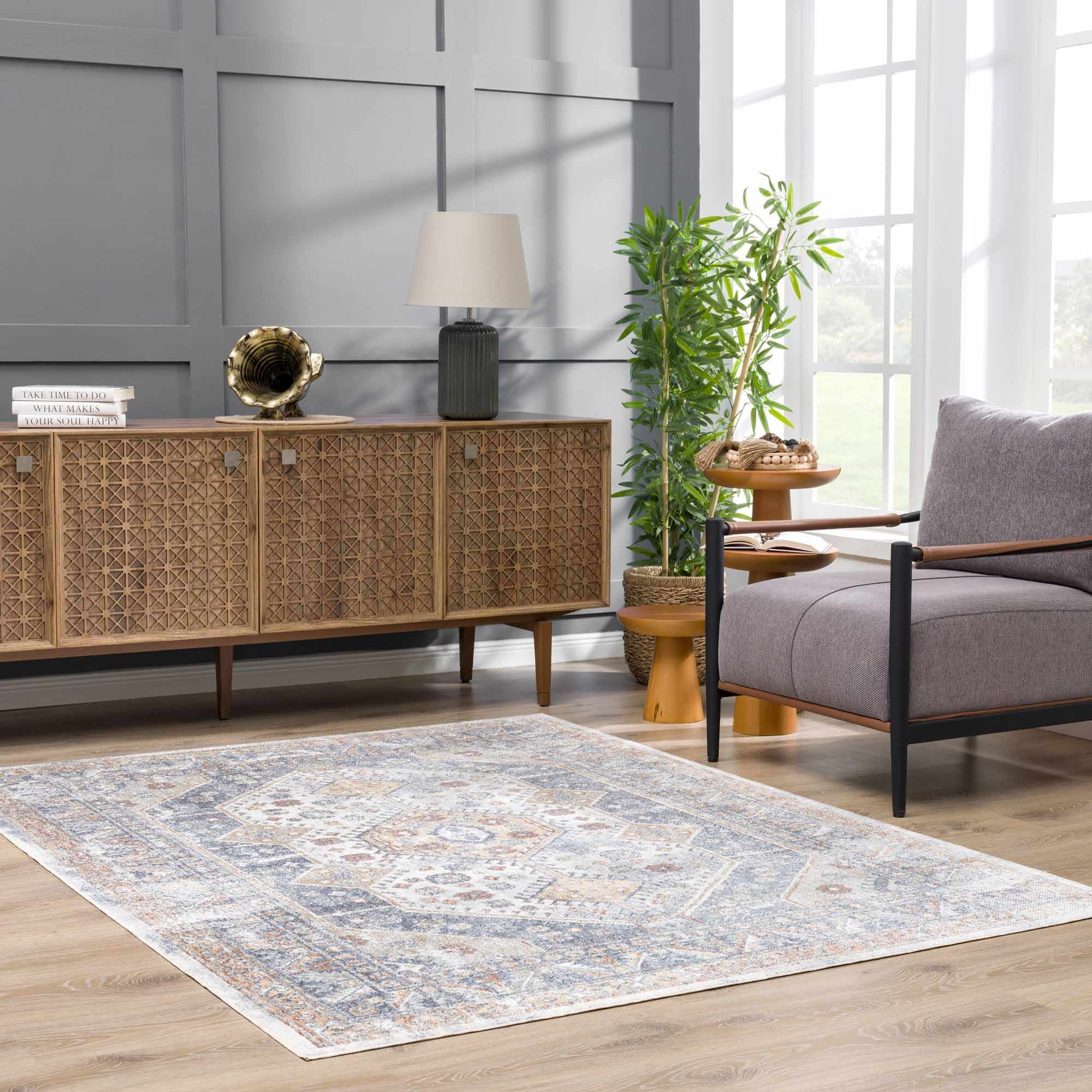 Traditional Ivory, Charcoal and Camel Vintage Style Machine Washable Area Rug - Image 21