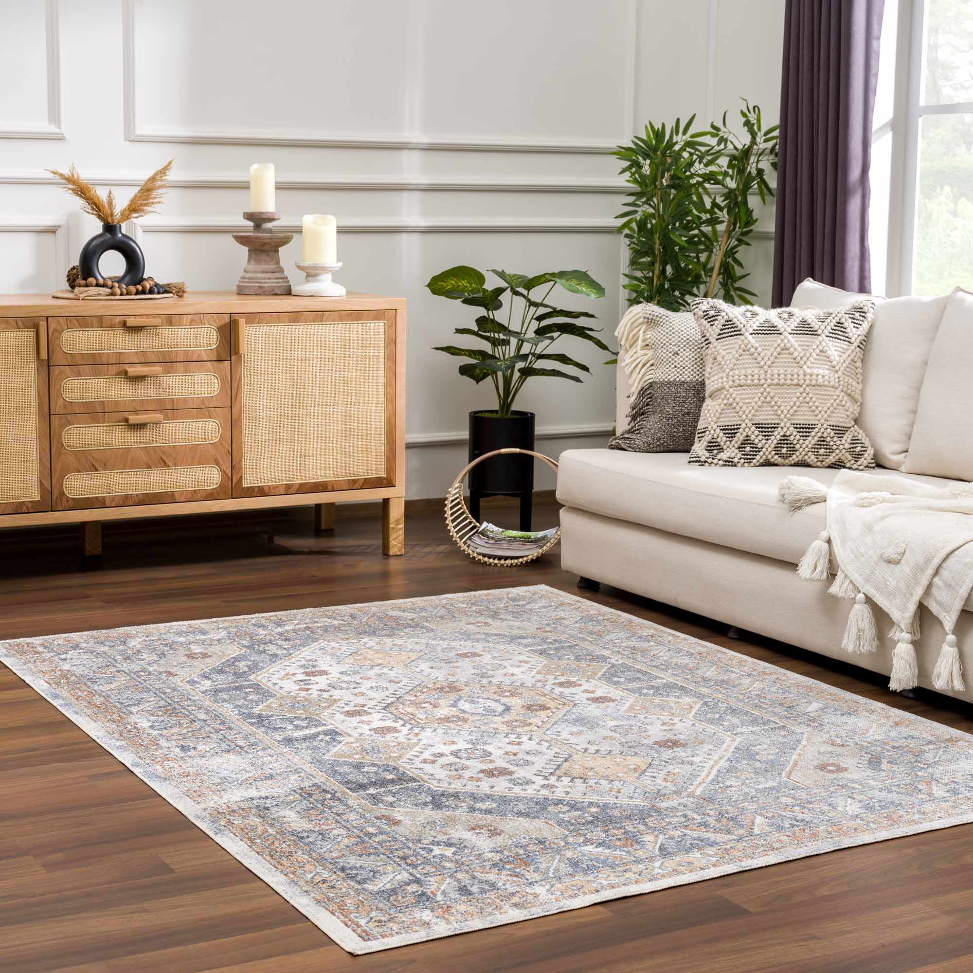 Traditional Ivory, Charcoal and Camel Vintage Style Machine Washable Area Rug - Image 6