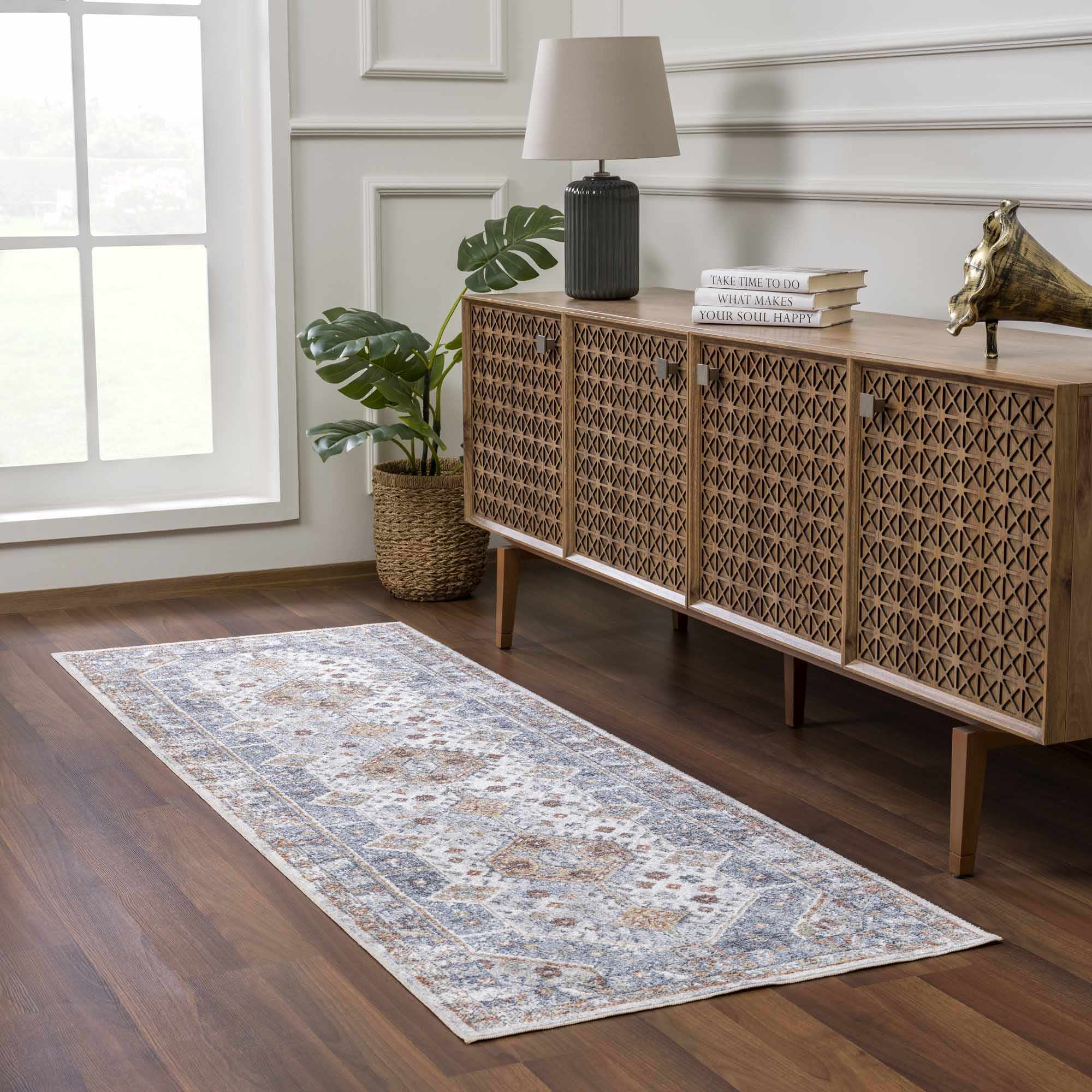 Traditional Ivory, Charcoal and Camel Vintage Style Machine Washable Area Rug - Image 7
