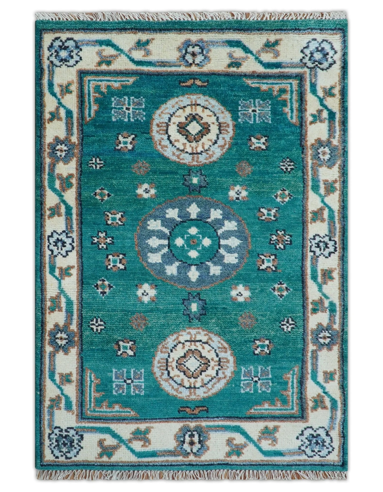 Traditional Khotan Design Teal And Beige Hand knotted 4x6  Wool Area Rug - Image 2