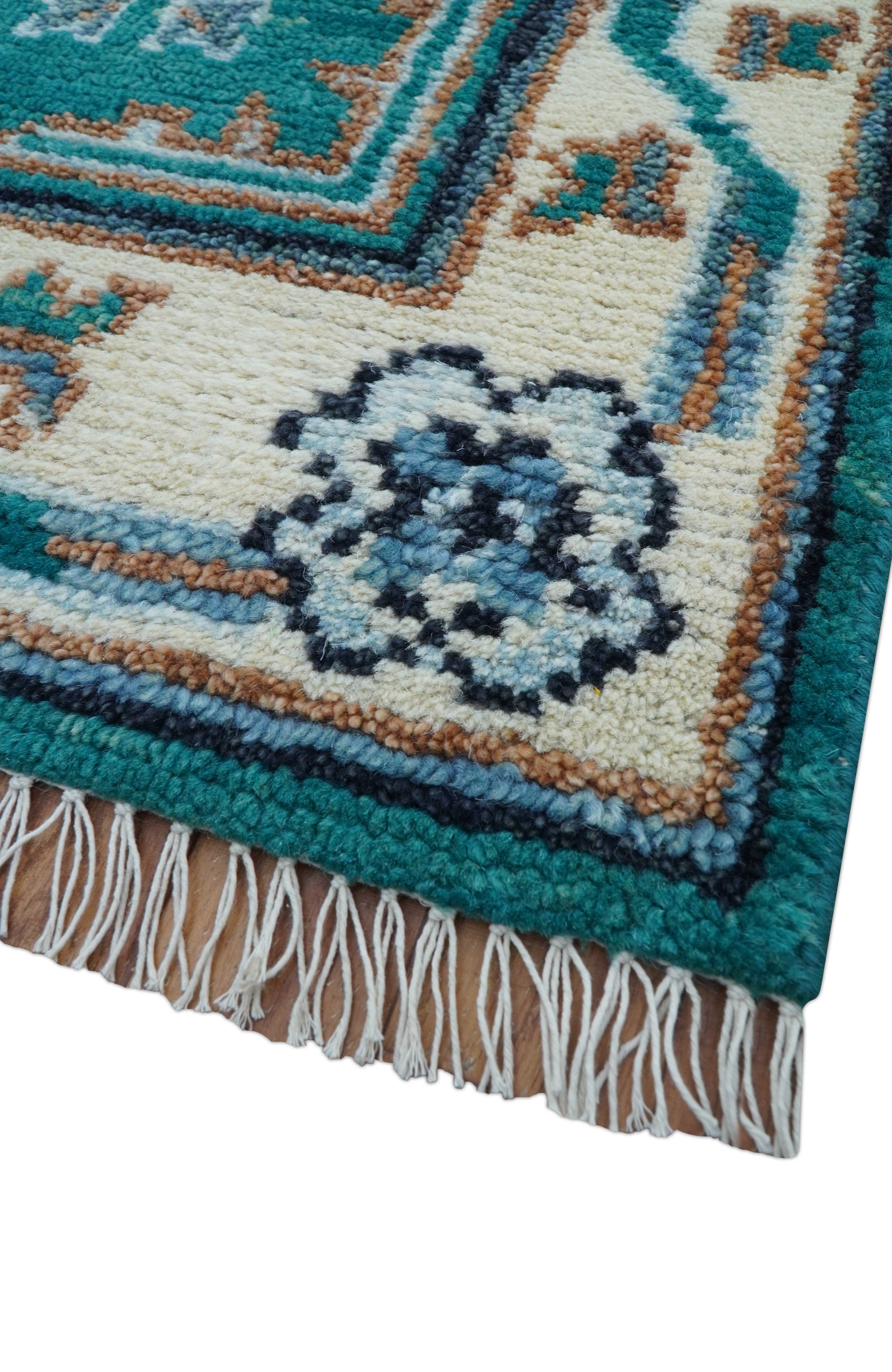 Traditional Khotan Design Teal And Beige Hand knotted 4x6  Wool Area Rug - Image 7