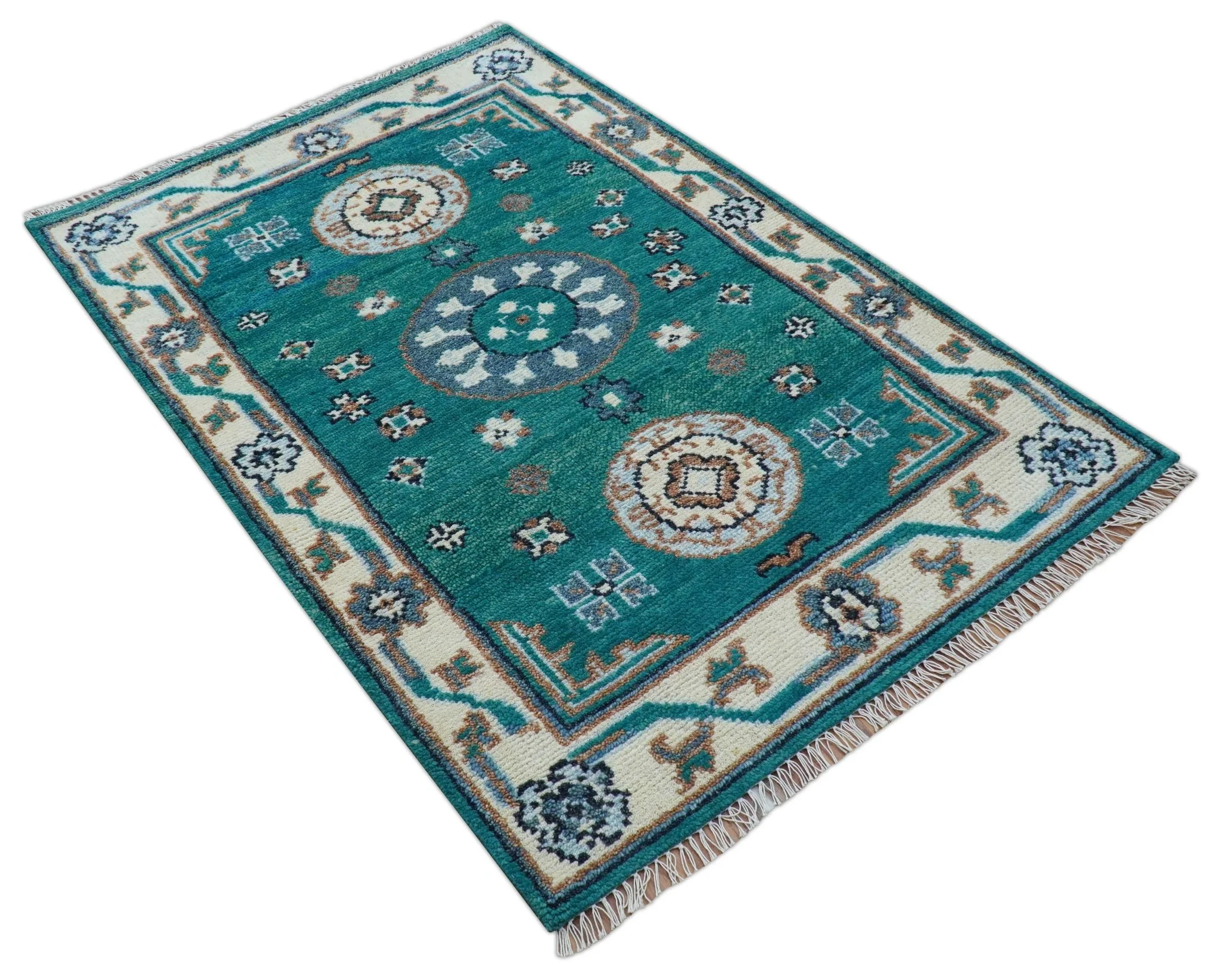 Traditional Khotan Design Teal And Beige Hand knotted 4x6  Wool Area Rug - Image 8