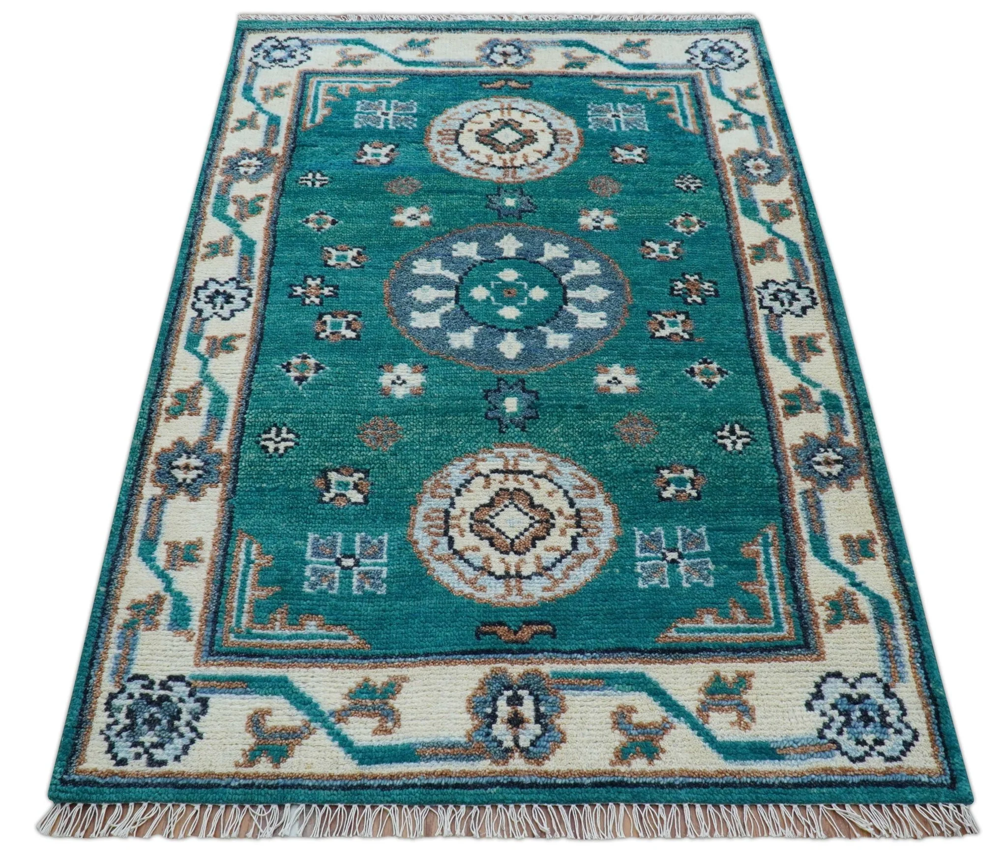 Traditional Khotan Design Teal And Beige Hand knotted 4x6  Wool Area Rug - Image 9