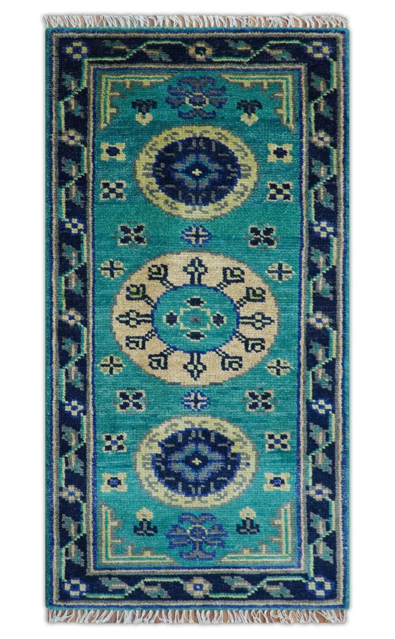 Traditional Khotan Design Teal Hand knotted 3x6 Wool Area Rug - Image 2