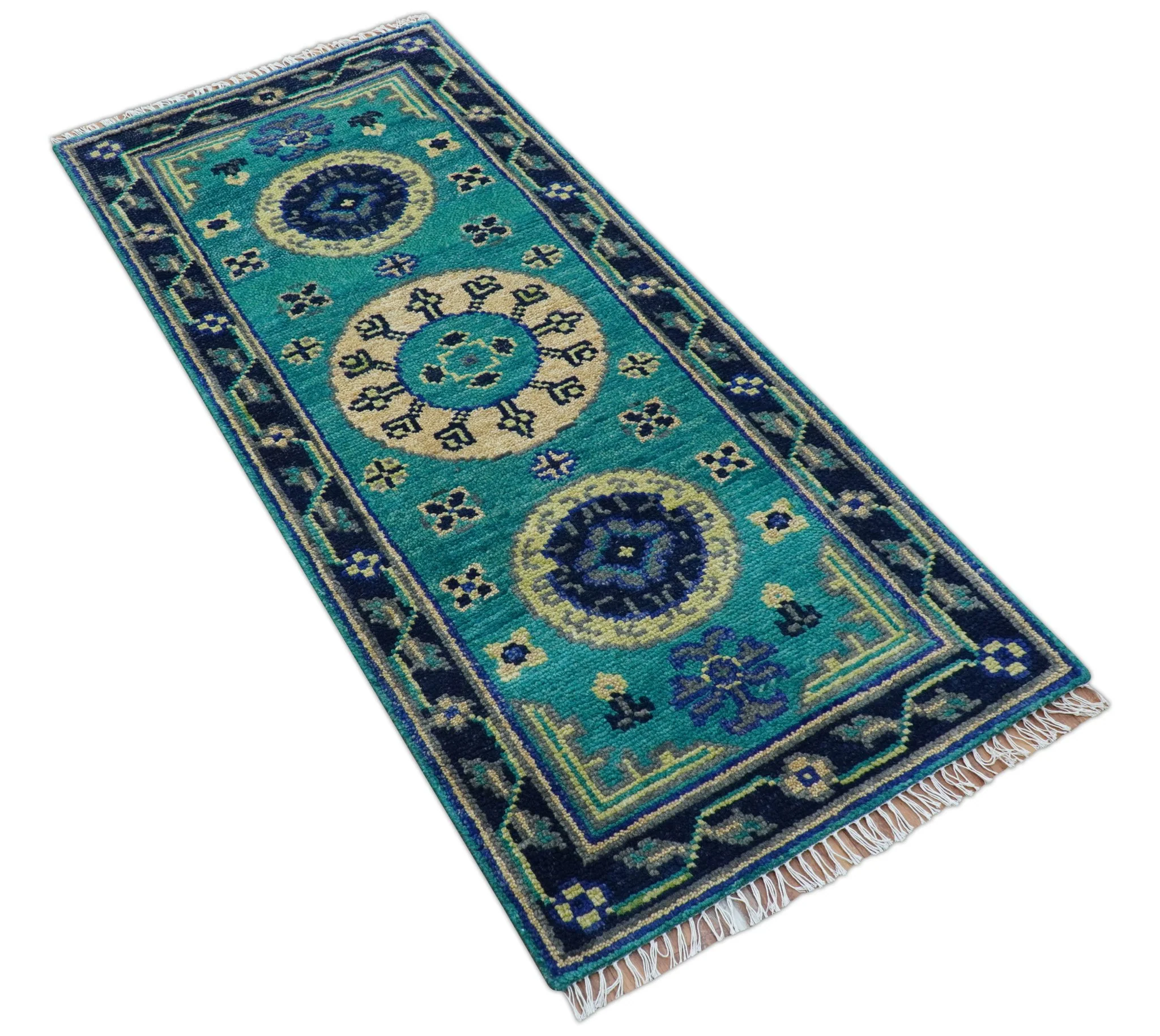 Traditional Khotan Design Teal Hand knotted 3x6 Wool Area Rug - Image 4