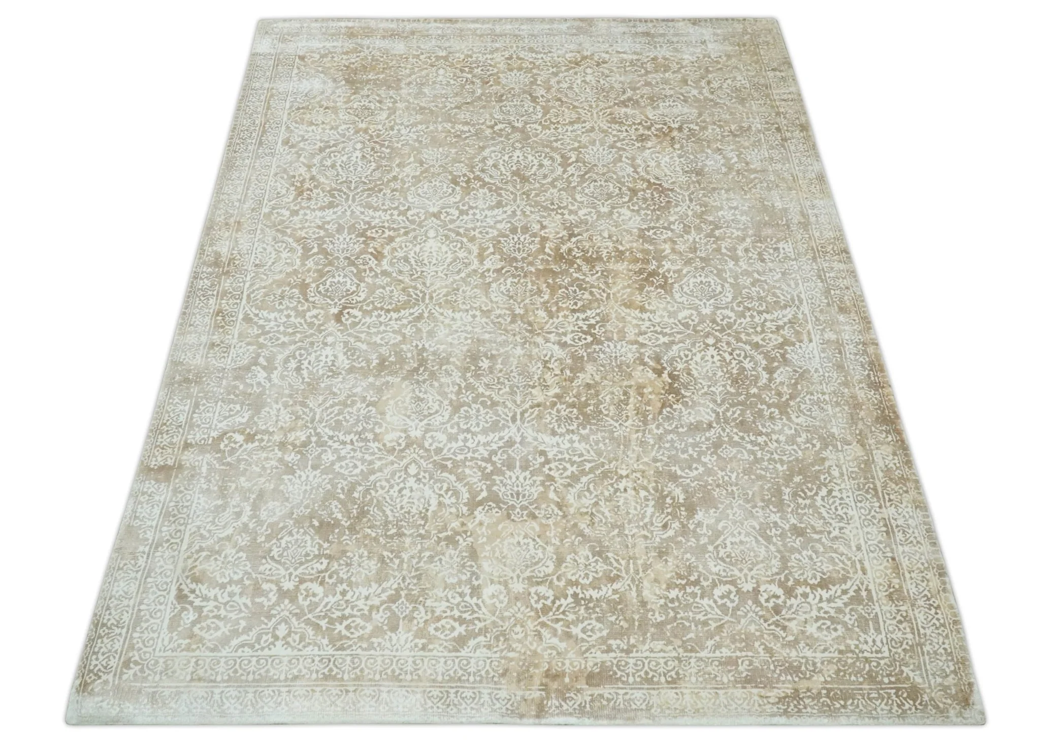 Premium Style Floral Traditional Ikat Large Design Camel and Ivory 5.6x7.9 Hand loom Viscose Area Rug - Image 11
