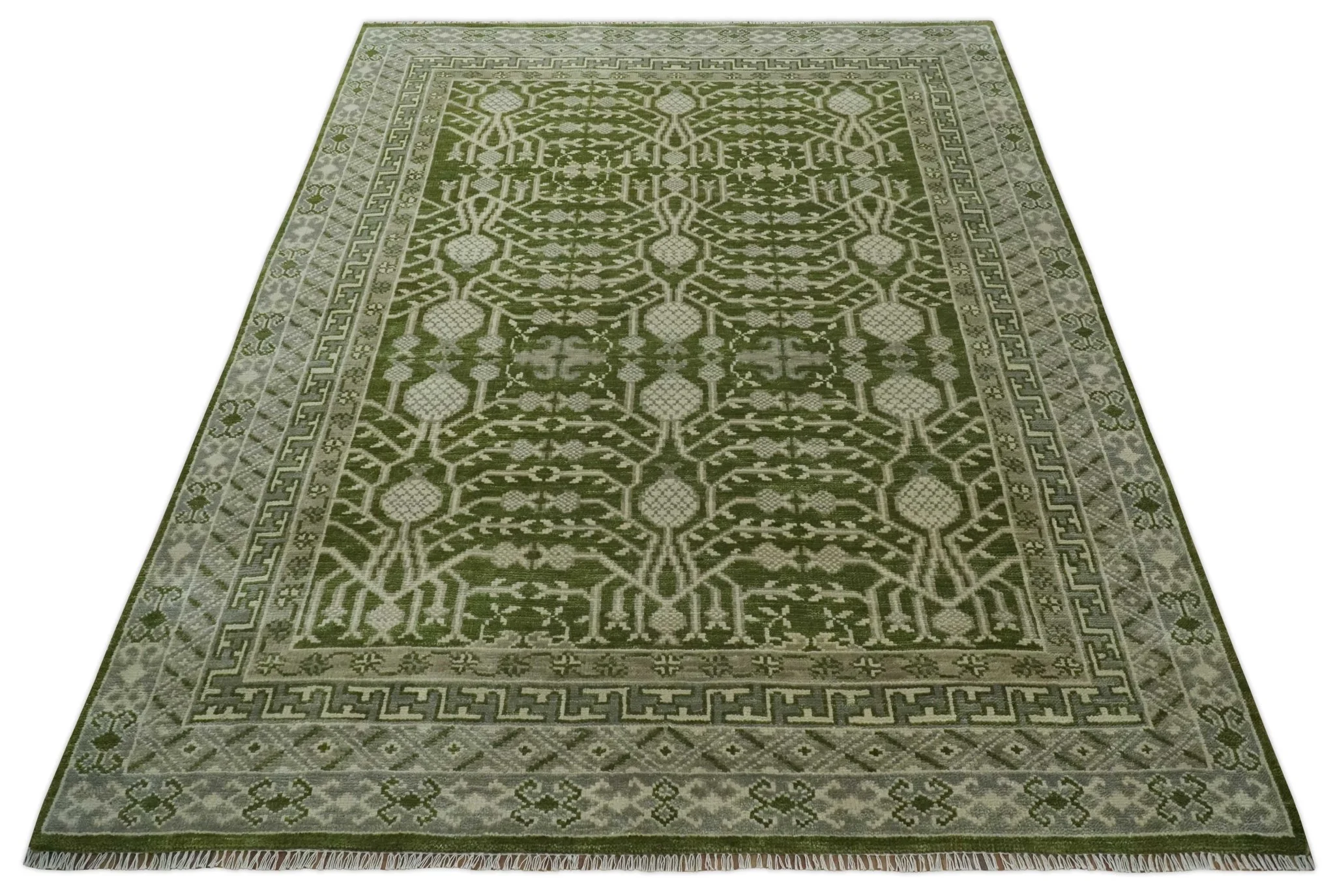 Traditional Hand knotted Royal Green and Ivory Turkish Design wool Area Rug - Image 10