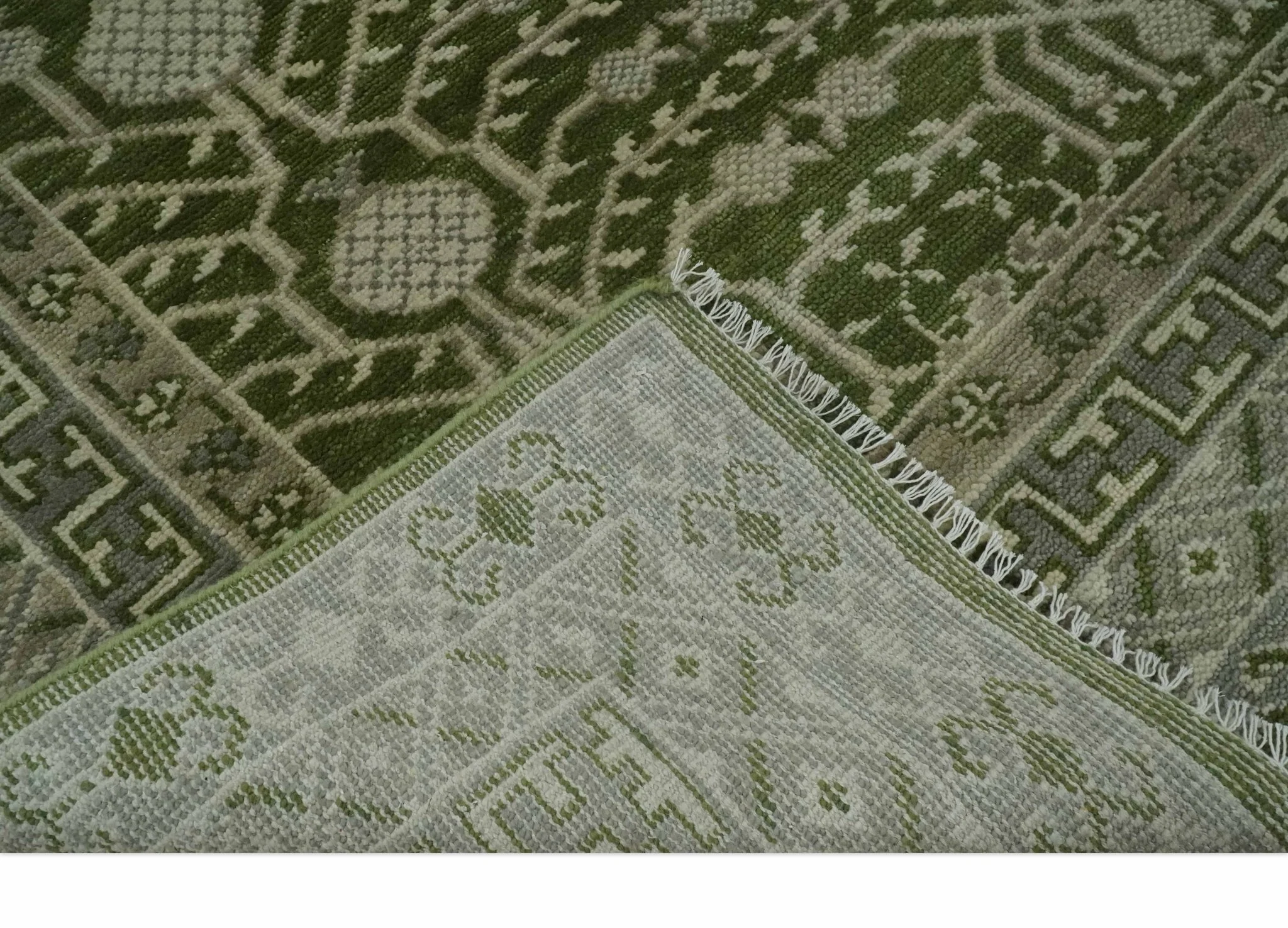 Traditional Hand knotted Royal Green and Ivory Turkish Design wool Area Rug - Image 7