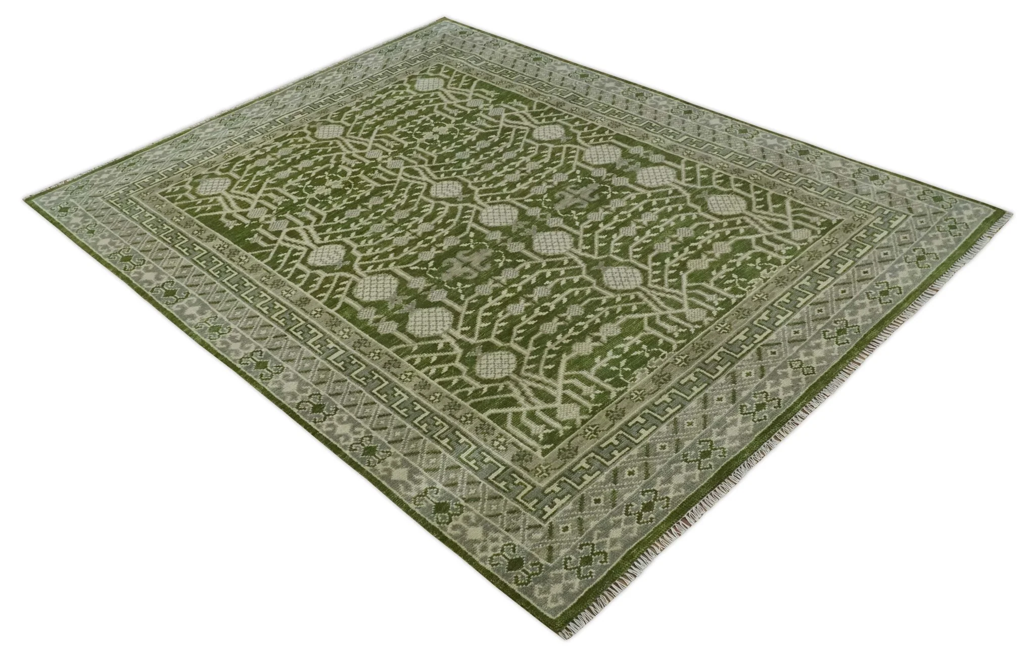 Traditional Hand knotted Royal Green and Ivory Turkish Design wool Area Rug - Image 9
