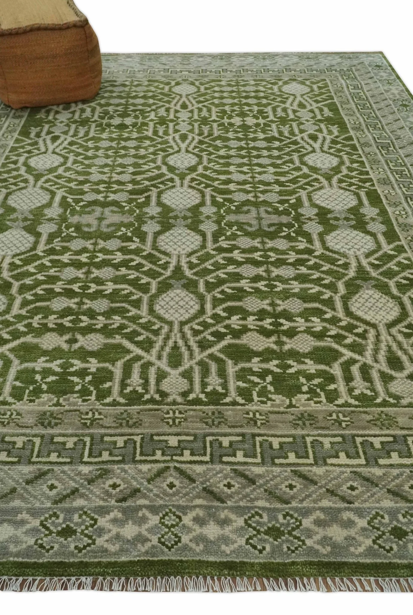Traditional Khotan Design Hand knotted Green and Ivory 8x10 wool Area Rug - Image 3