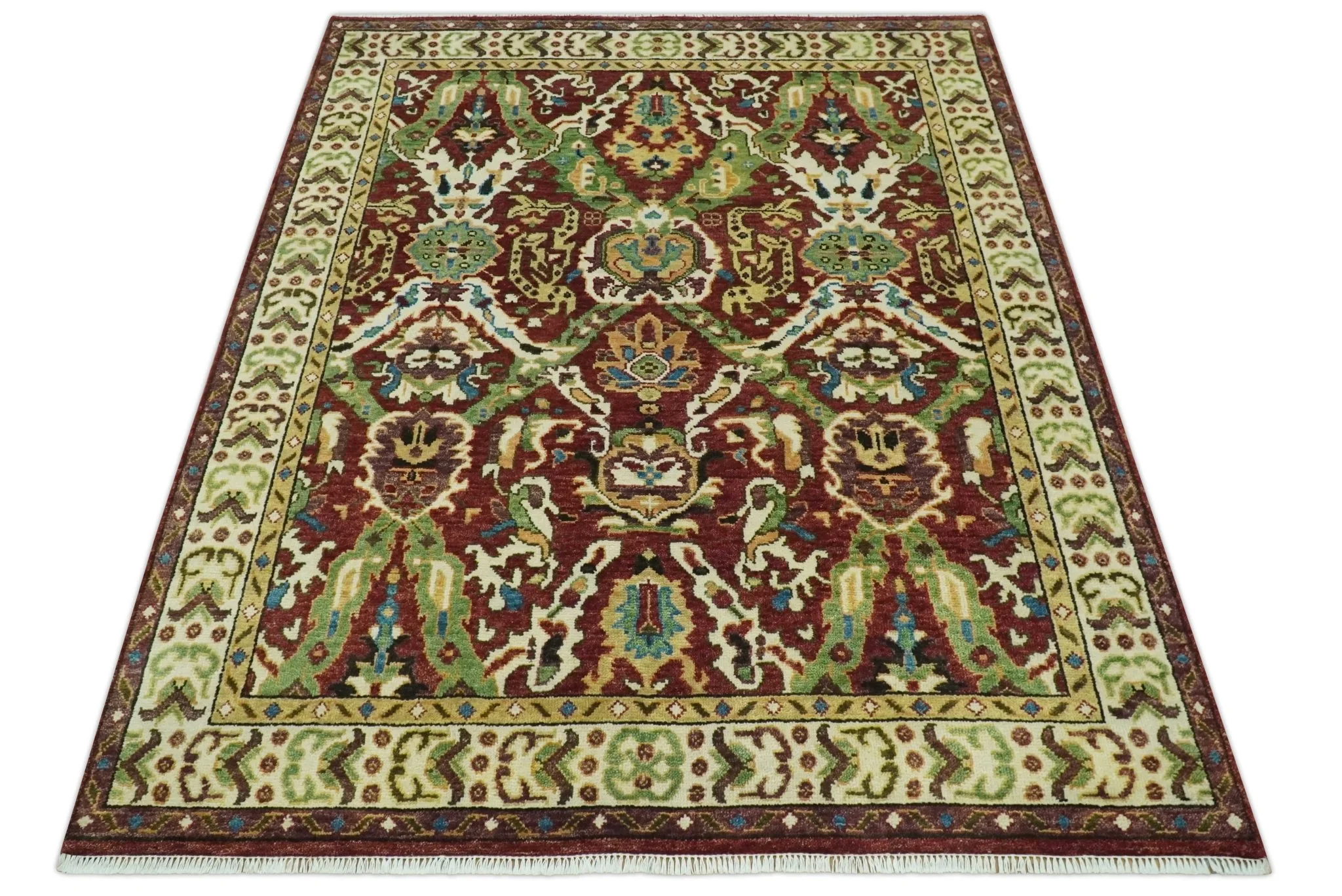 Traditional Large Design Maroon and Green Hand Knotted 8x10 wool area rug - Image 12