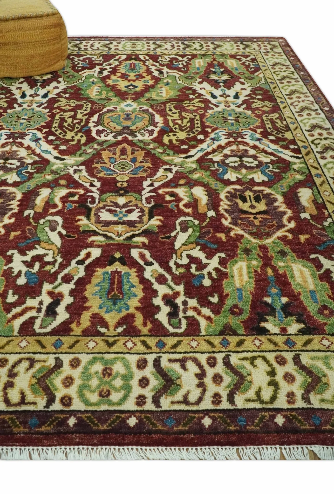 Traditional Large Design Maroon and Green Hand Knotted 8x10 wool area rug - Image 3