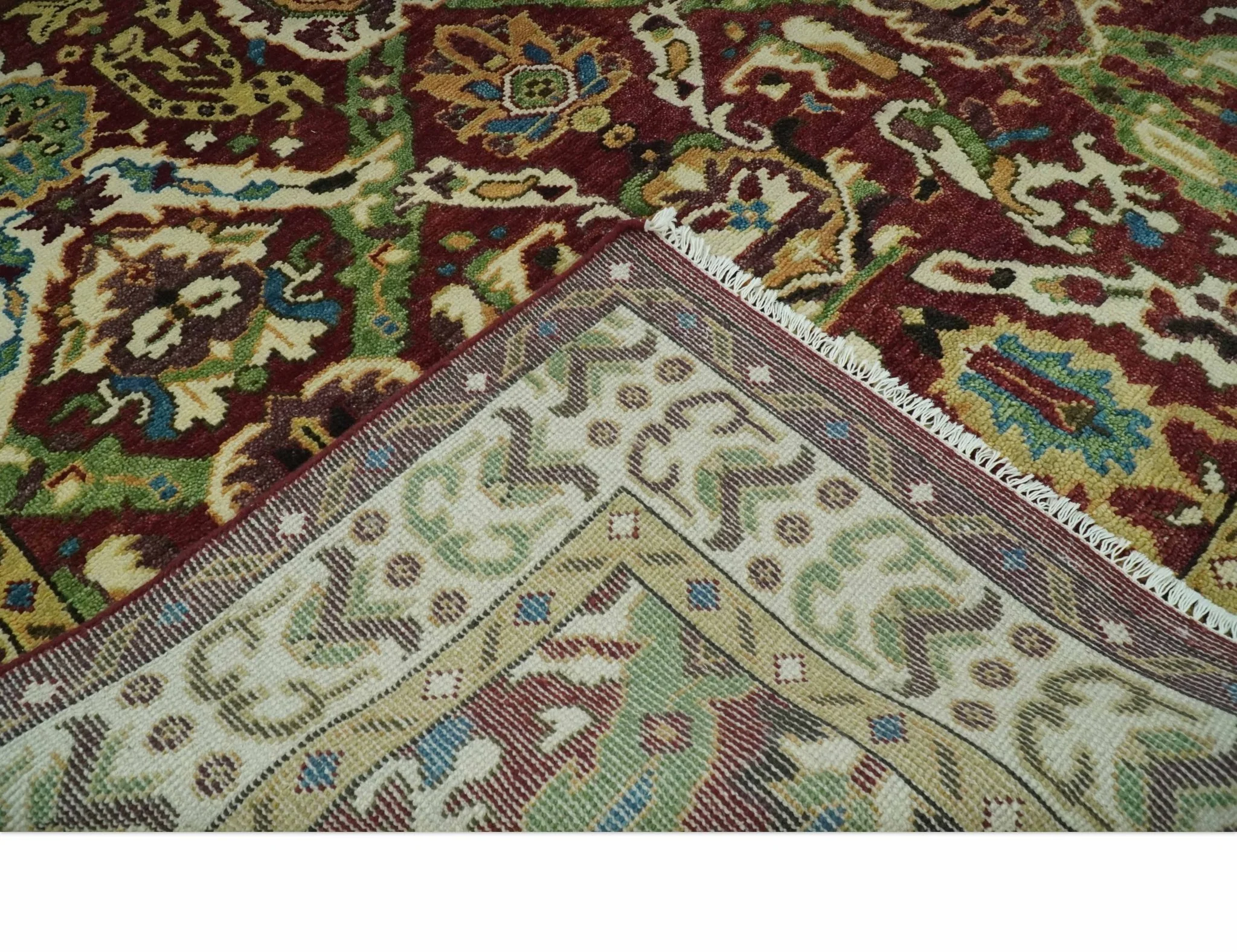 Traditional Large Design Maroon and Green Hand Knotted 8x10 wool area rug - Image 7