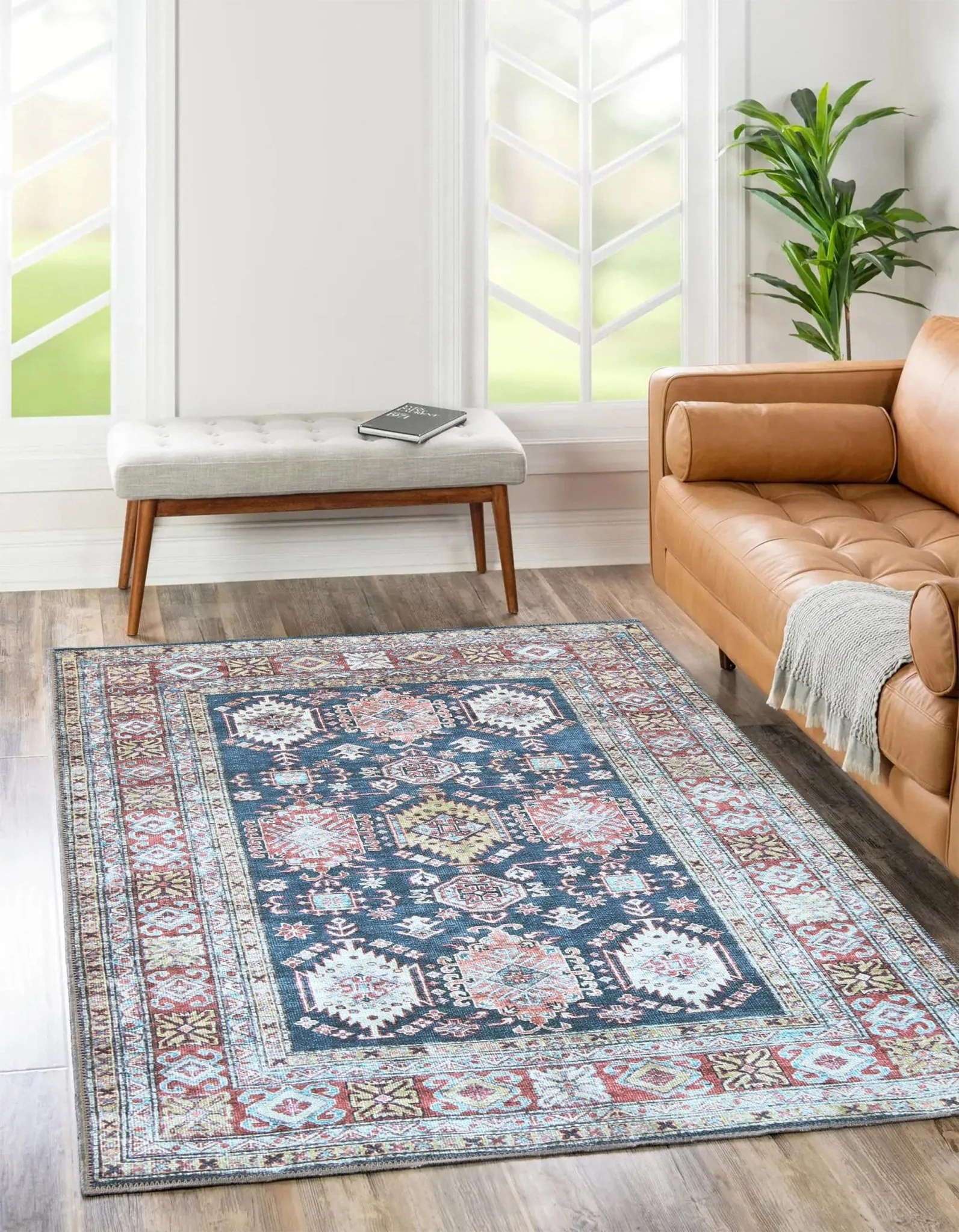 Traditional Machine Washable Blue And Rust Rug - Image 2