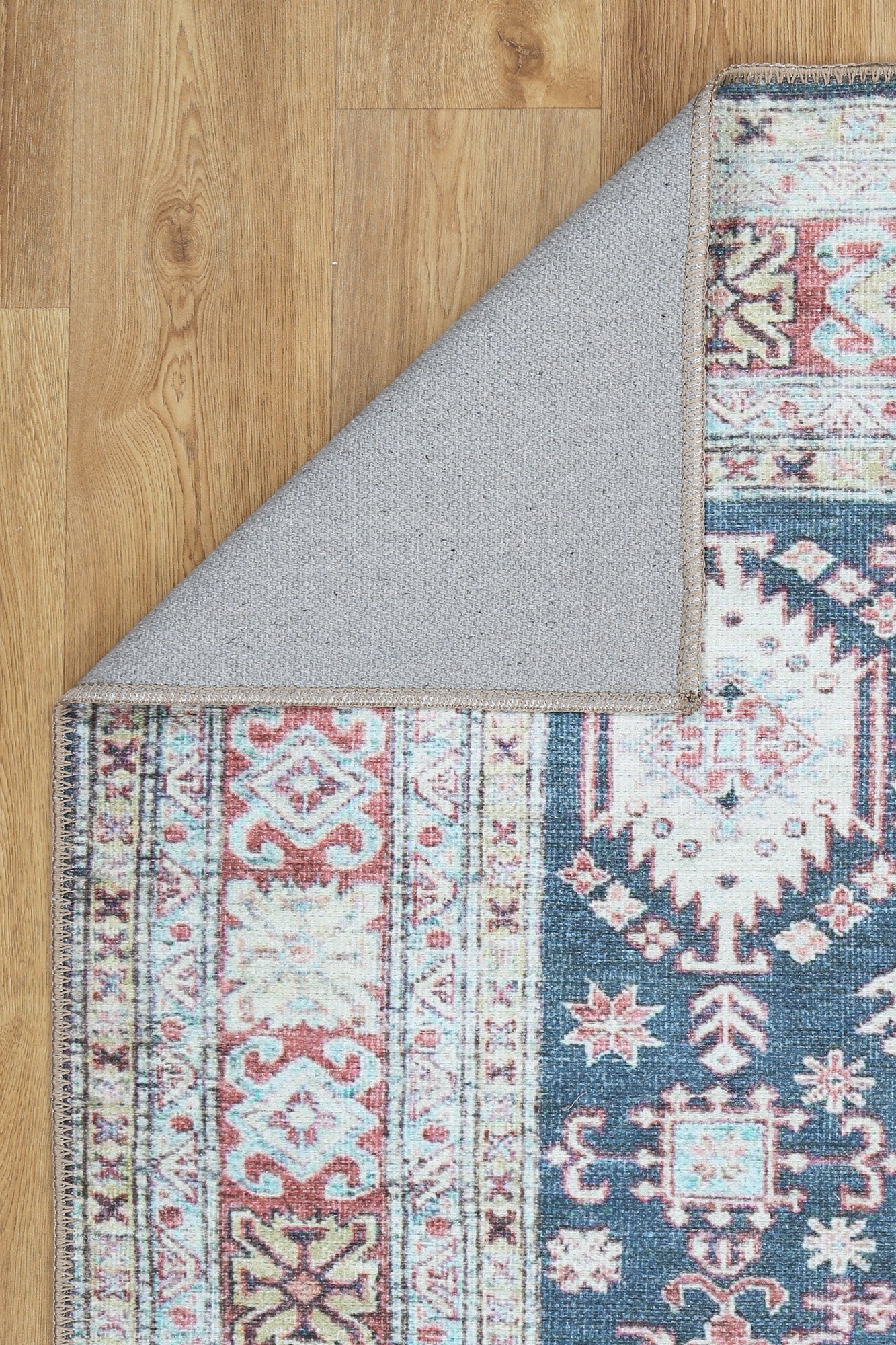 Traditional Machine Washable Blue And Rust Rug - Image 5