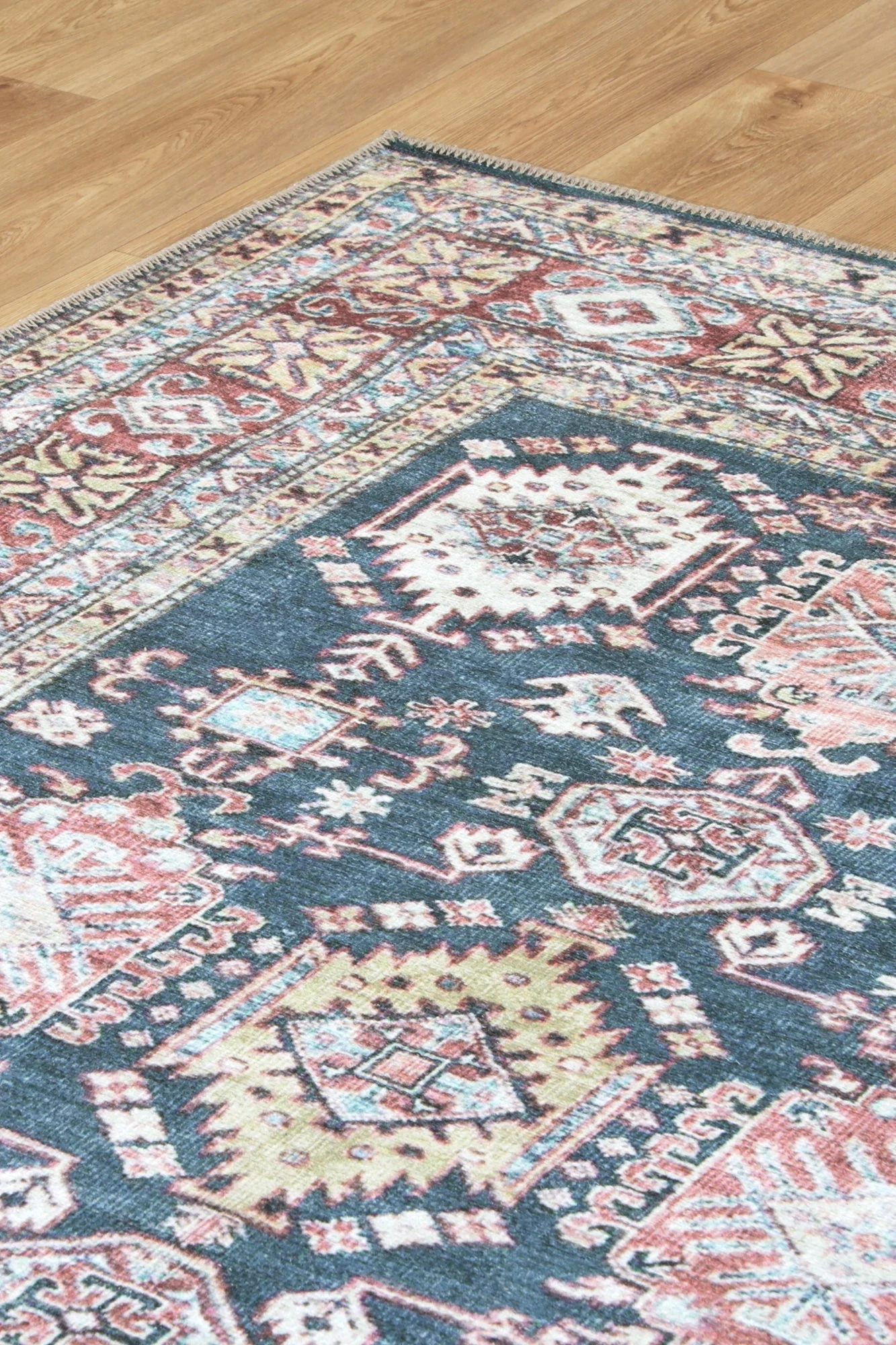 Traditional Machine Washable Blue And Rust Rug - Image 6