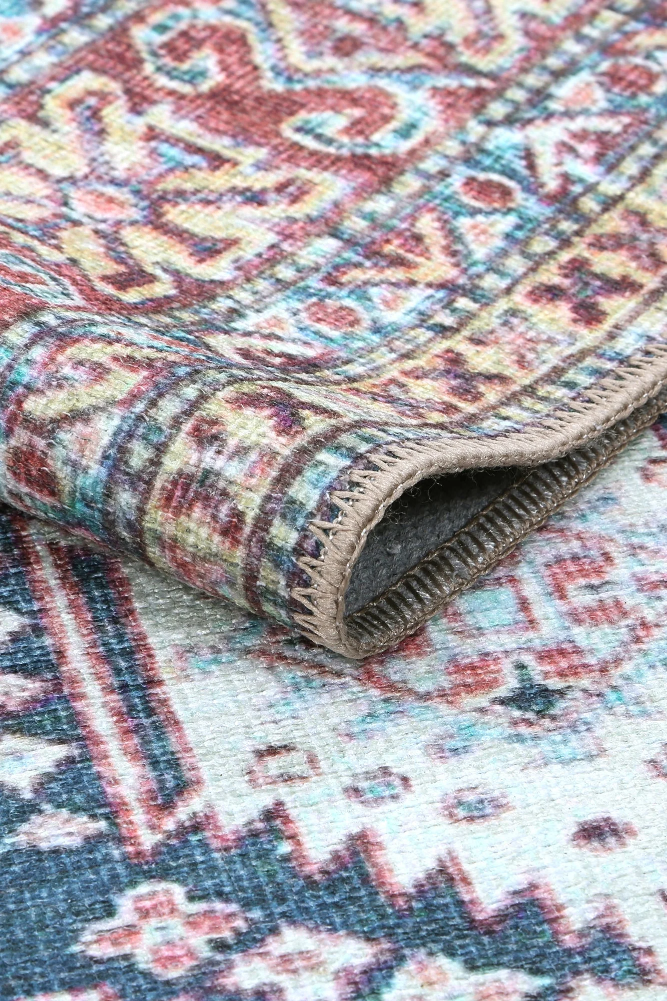 Traditional Machine Washable Blue And Rust Rug - Image 7