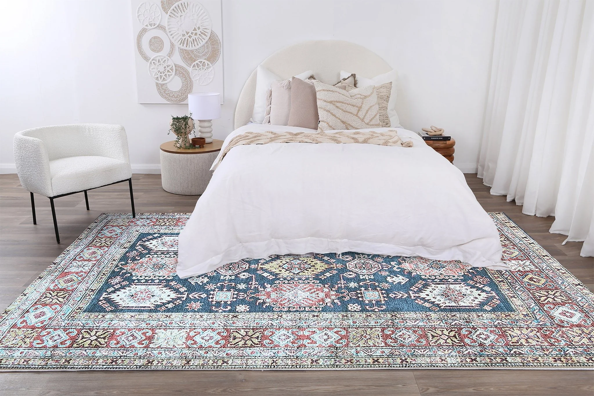 Traditional Machine Washable Blue And Rust Rug - Image 8