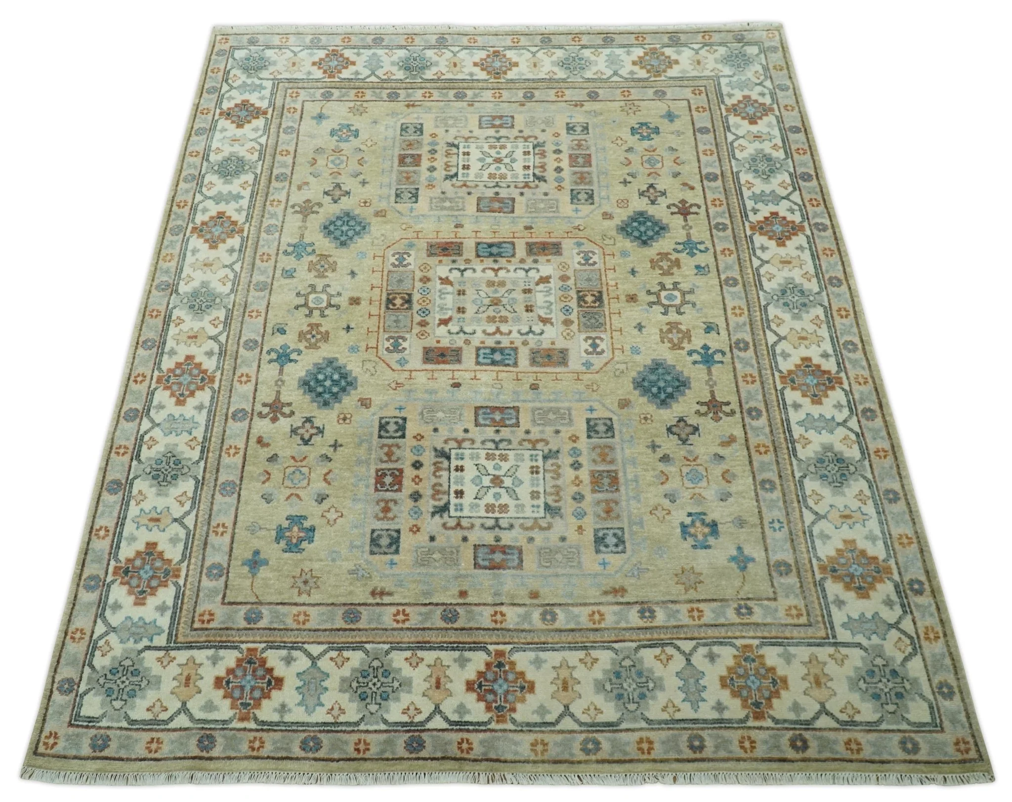 Traditional Mamluk Design Beige and Ivory Hand Knotted 8x10 wool area rug - Image 11