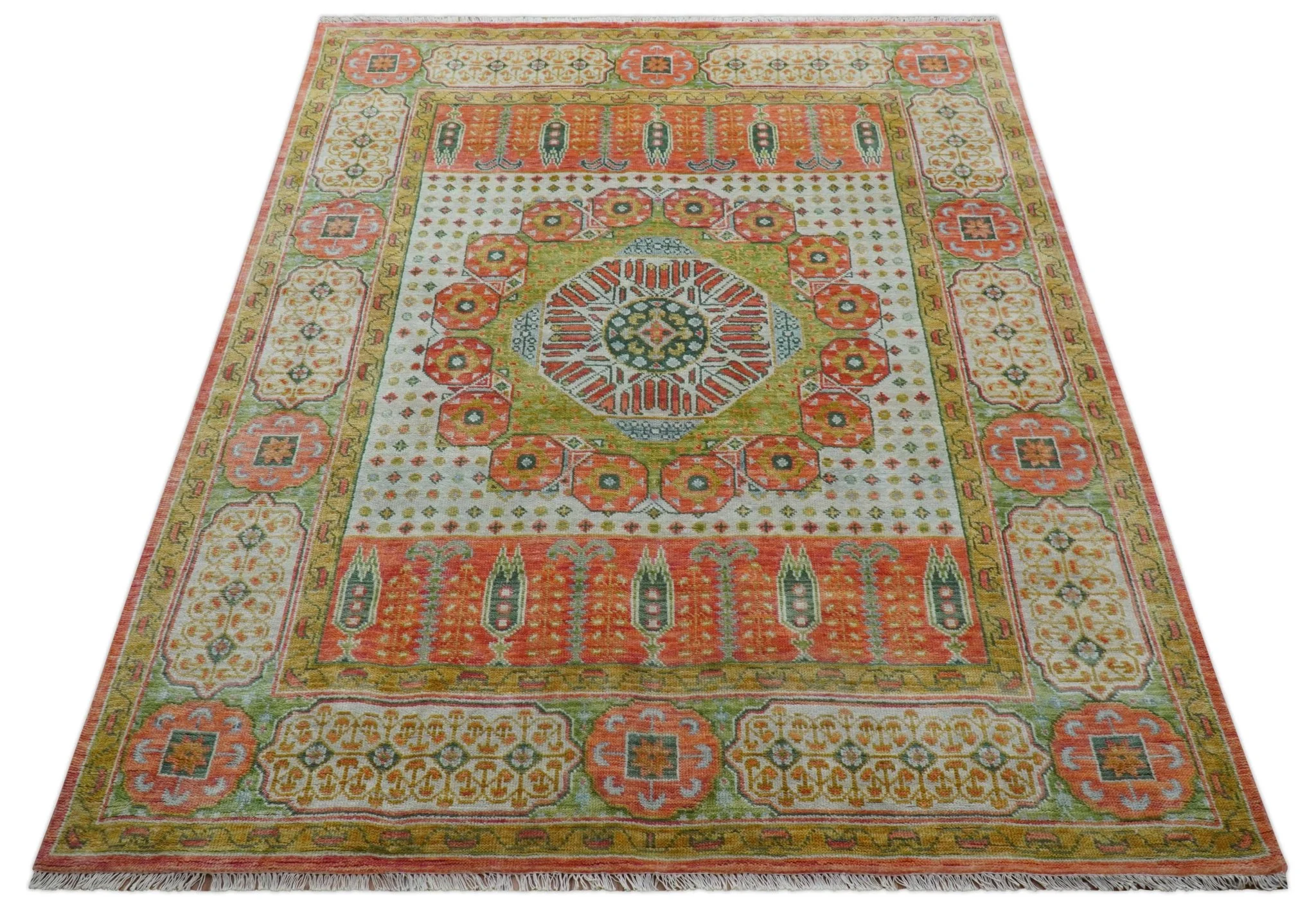 Traditional Mamluk Design Orange Hand knotted 8x10 Wool Rug - Image 11