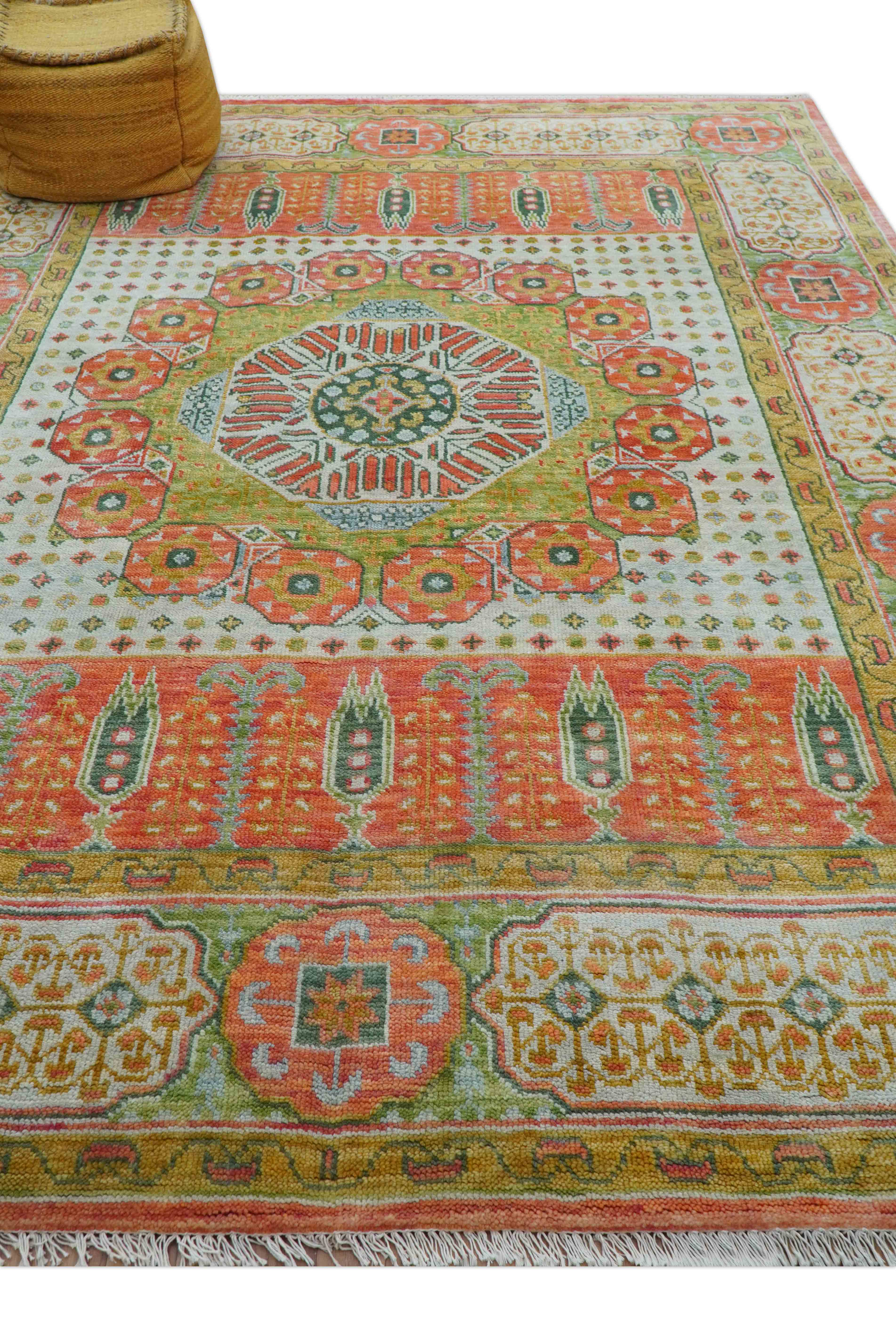 Traditional Mamluk Design Orange Hand knotted 8x10 Wool Rug - Image 9