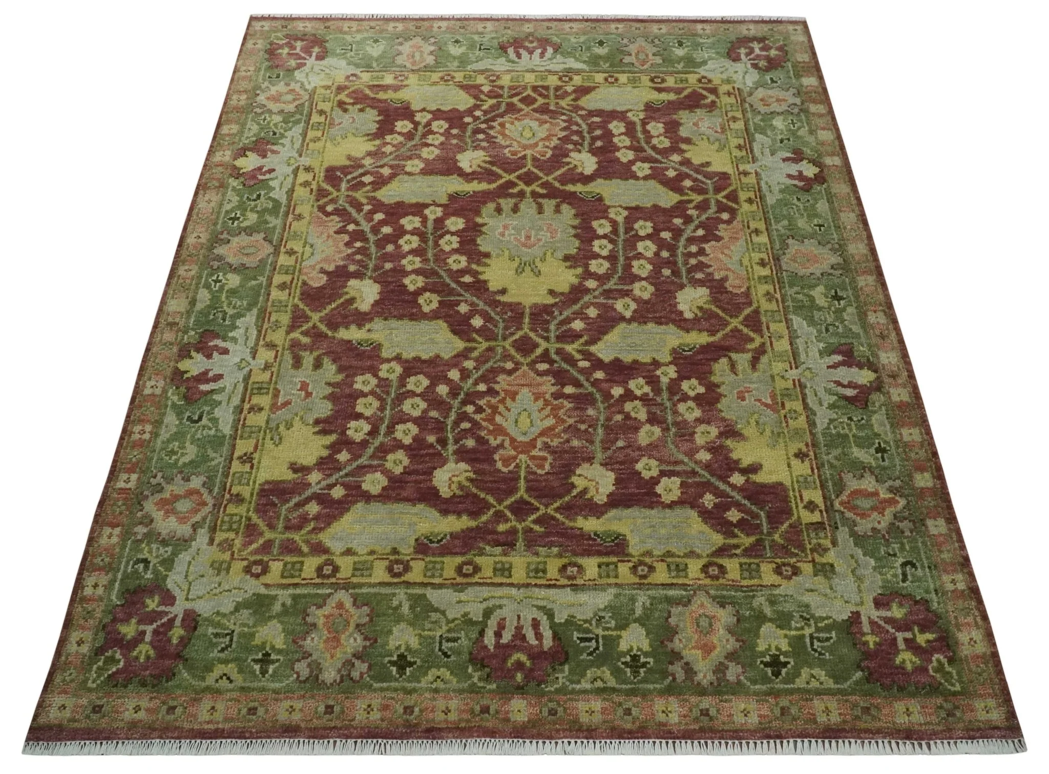 Traditional Maroon, Green and Beige Antique Donegal Design Hand knotted Area Rug - Image 10