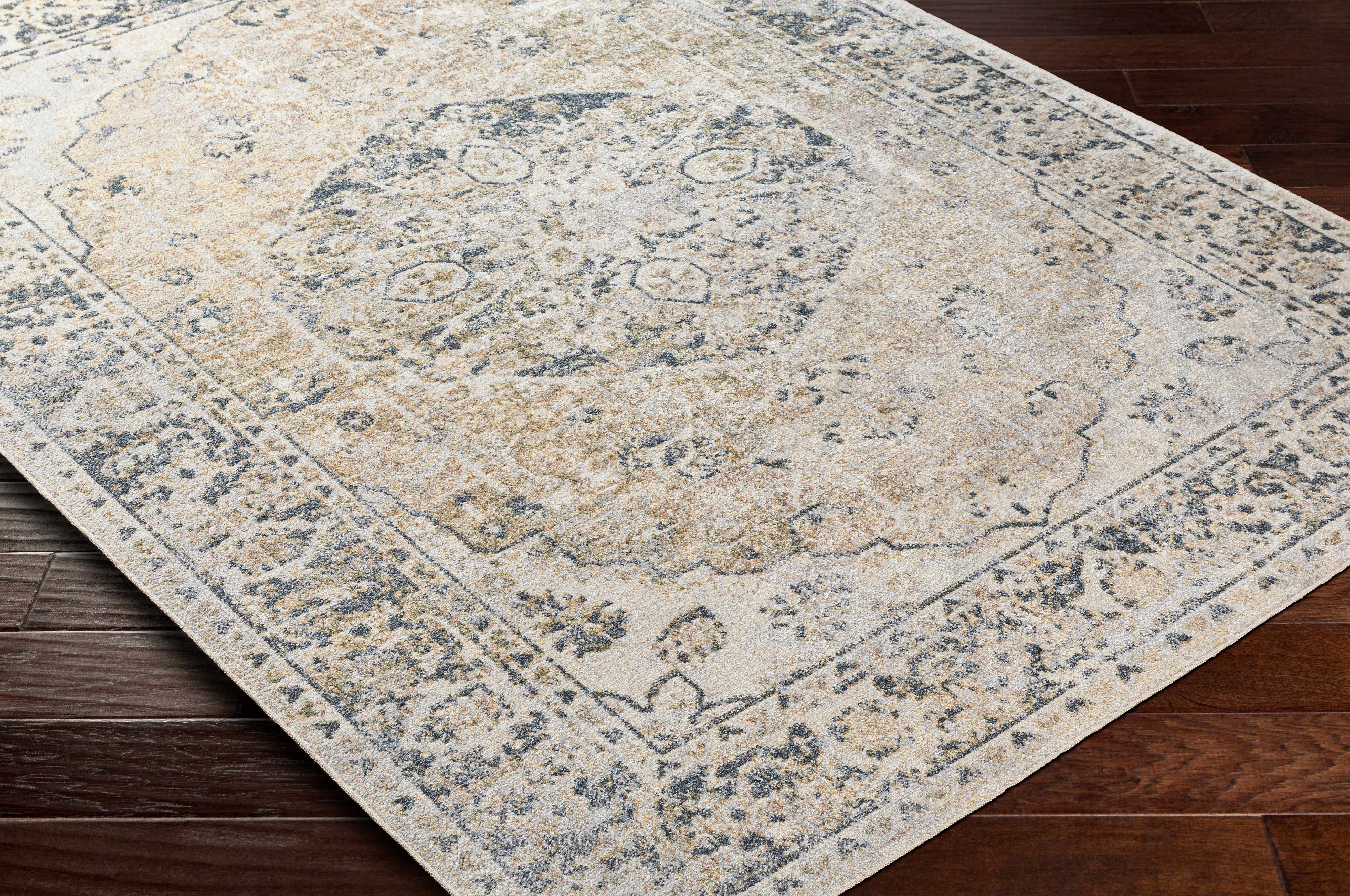 Traditional Medallion design woven Beige, Ivory and Charcoal Washable Rug - Image 10