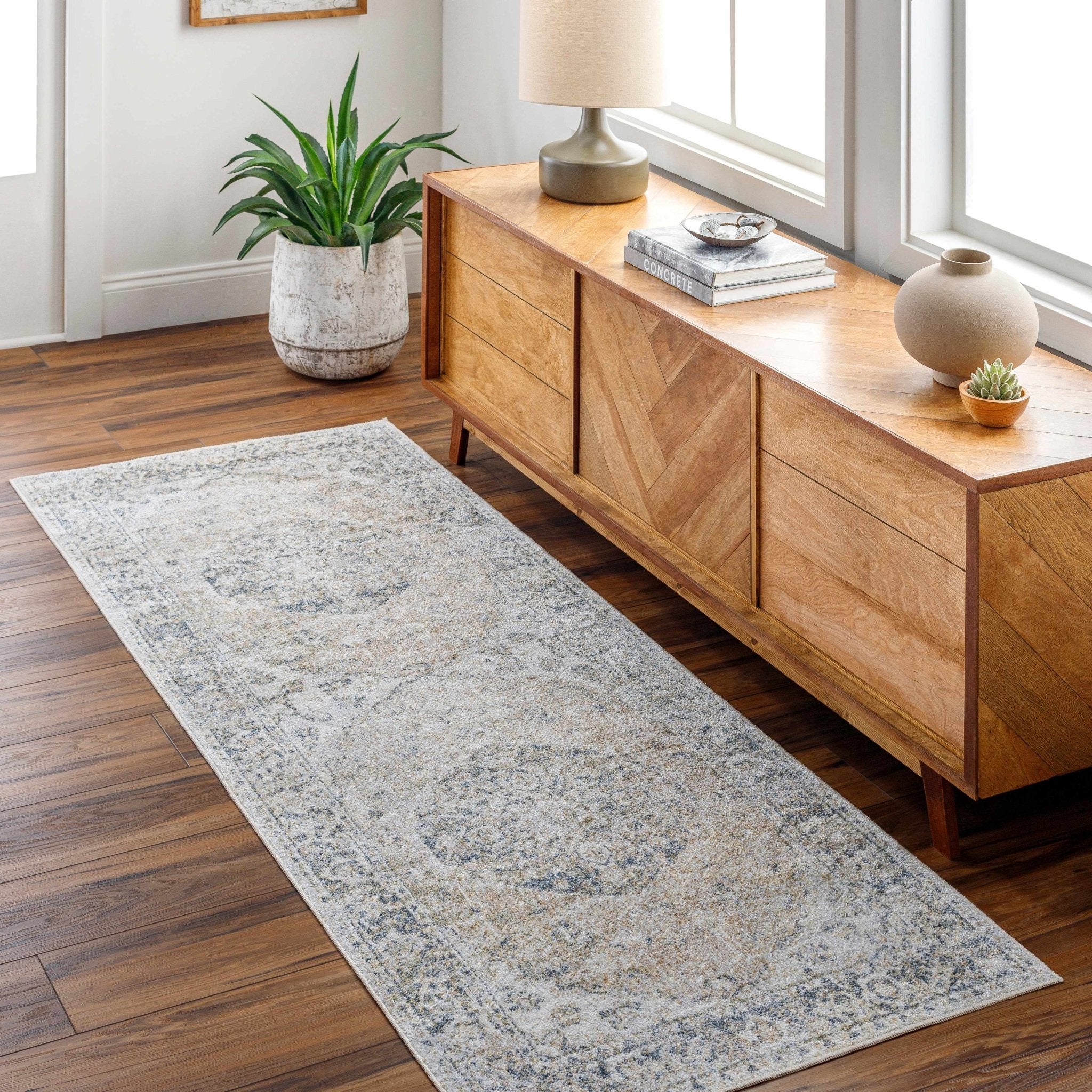 Traditional Medallion design woven Beige, Ivory and Charcoal Washable Rug - Image 9