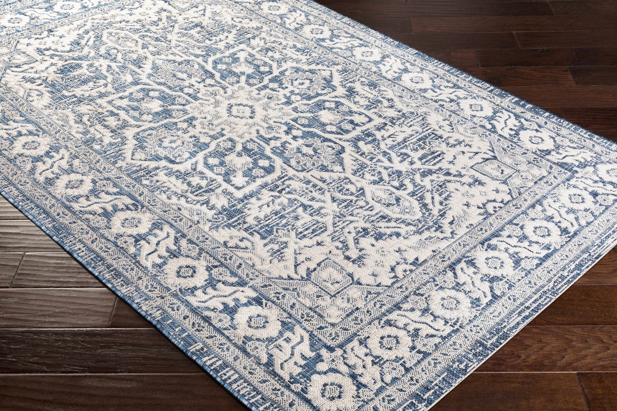 Traditional Medallion Design Blue and Ivory Machine Woven Rug - Image 10