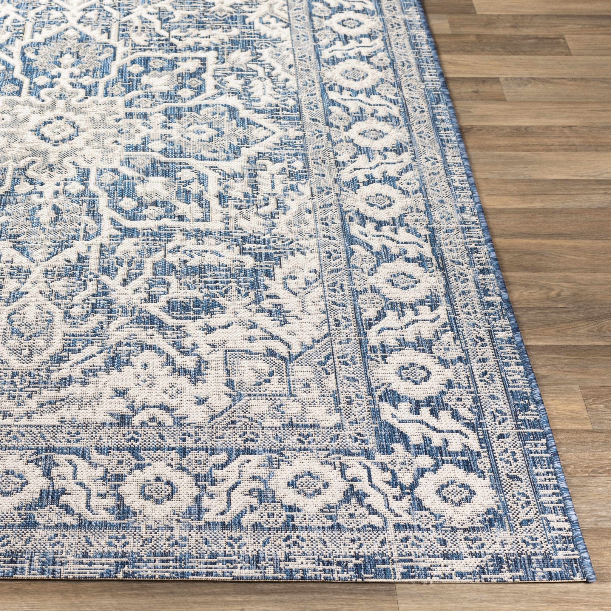 Traditional Medallion Design Blue and Ivory Machine Woven Rug - Image 11
