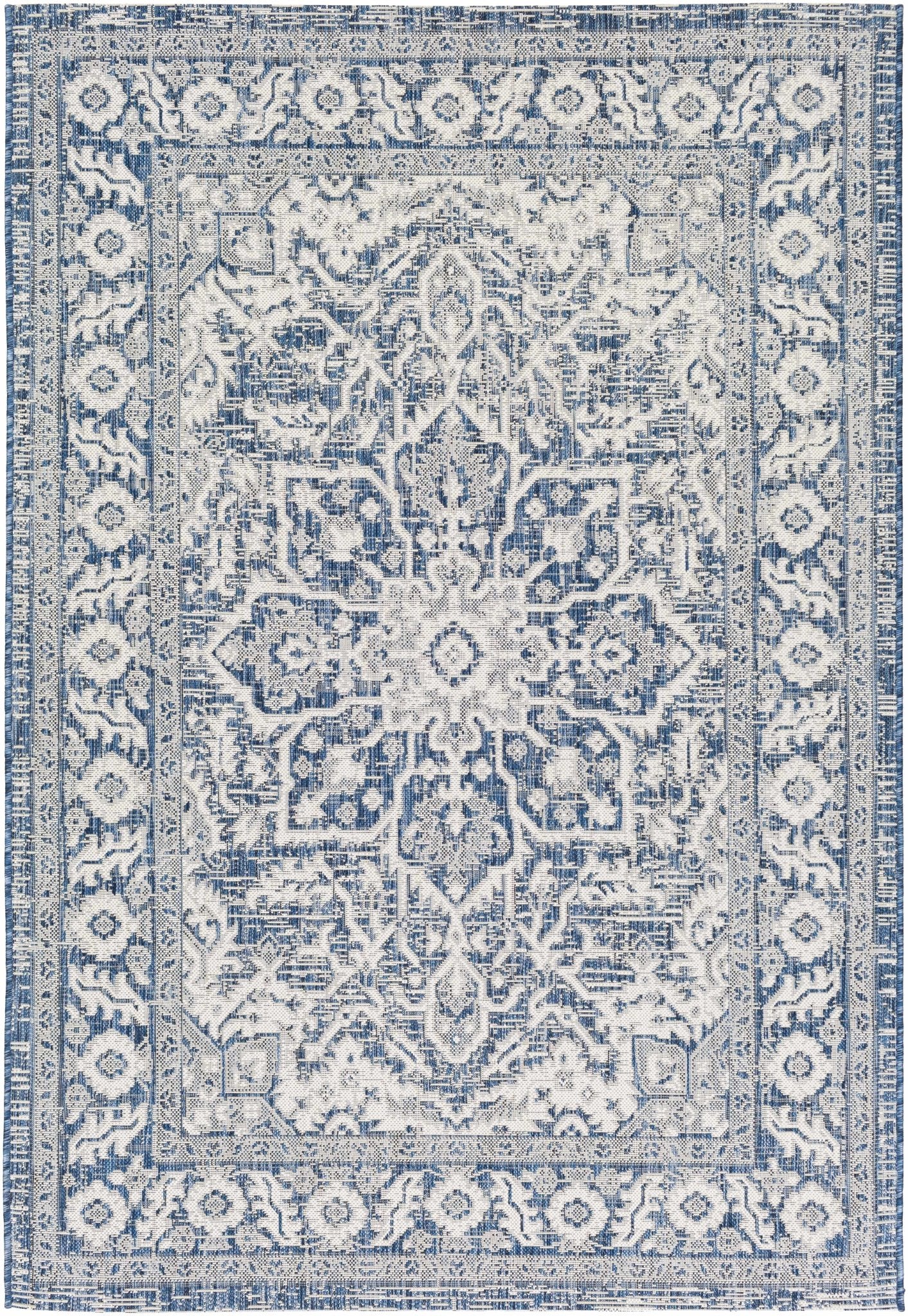 Traditional Medallion Design Blue and Ivory Machine Woven Rug - Image 13