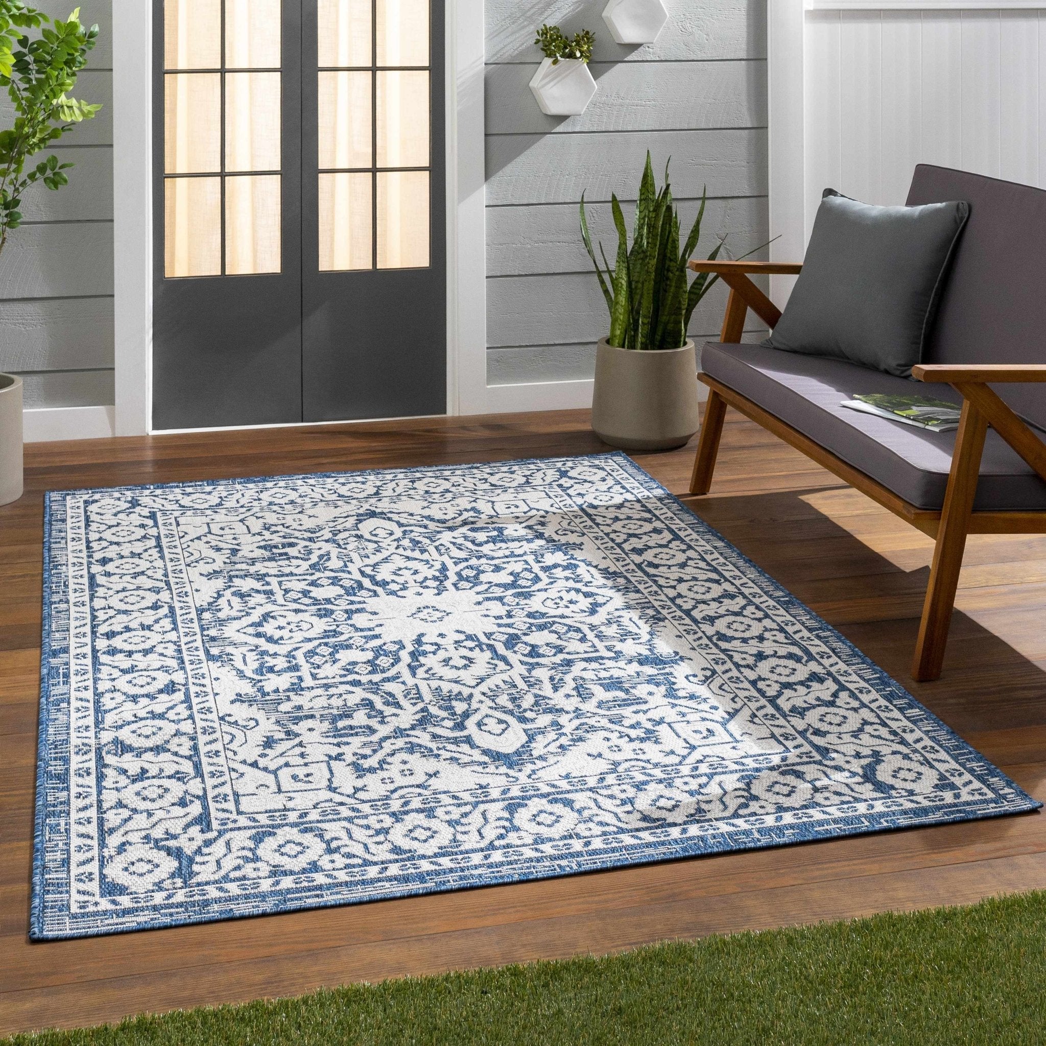 Traditional Medallion Design Blue and Ivory Machine Woven Rug - Image 14