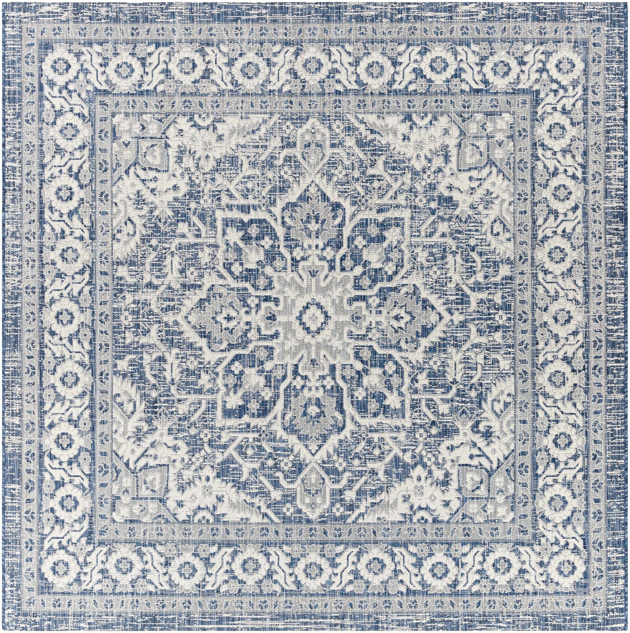 Traditional Medallion Design Blue and Ivory Machine Woven Rug - Image 2