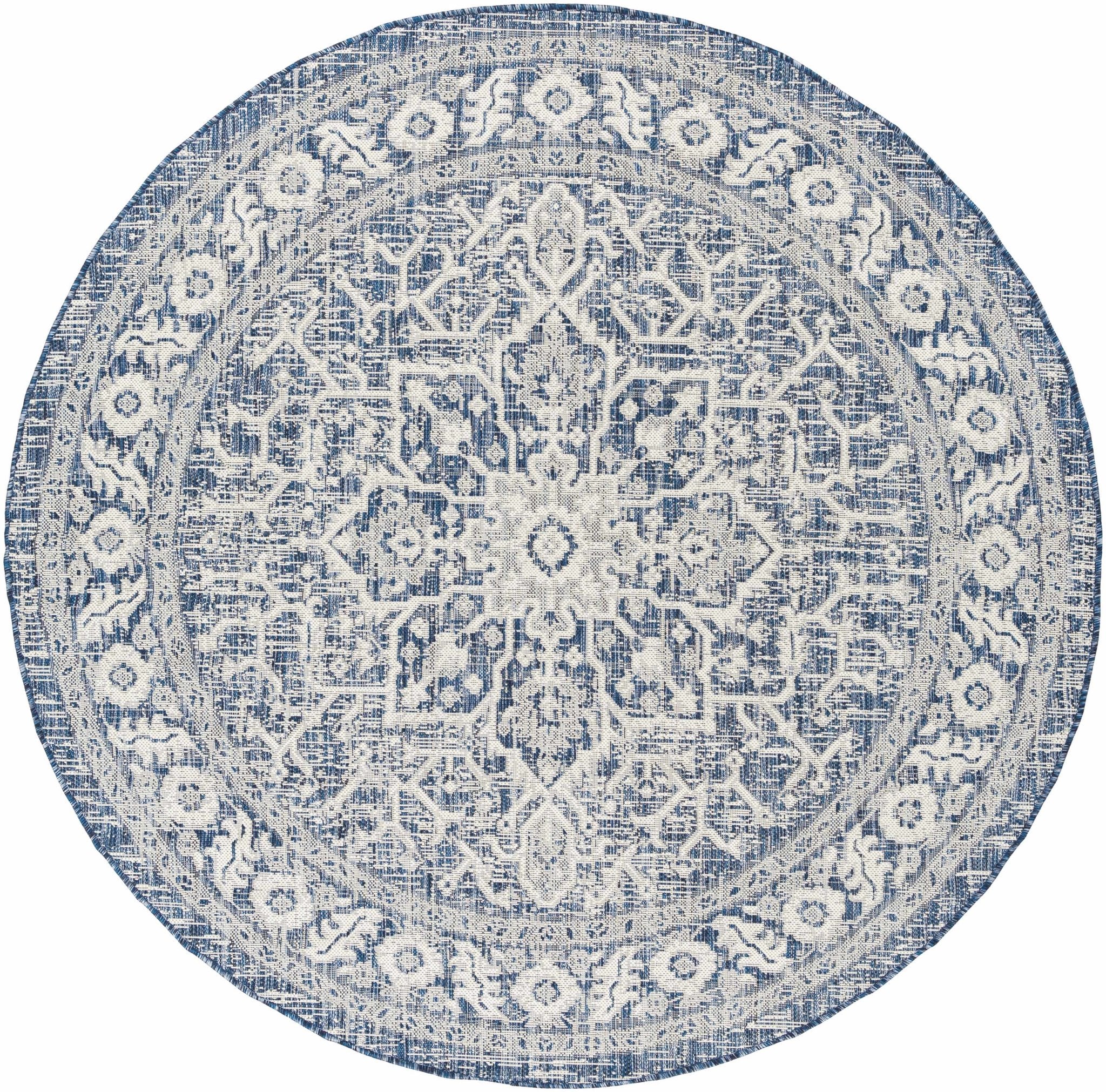 Traditional Medallion Design Blue and Ivory Machine Woven Rug - Image 4