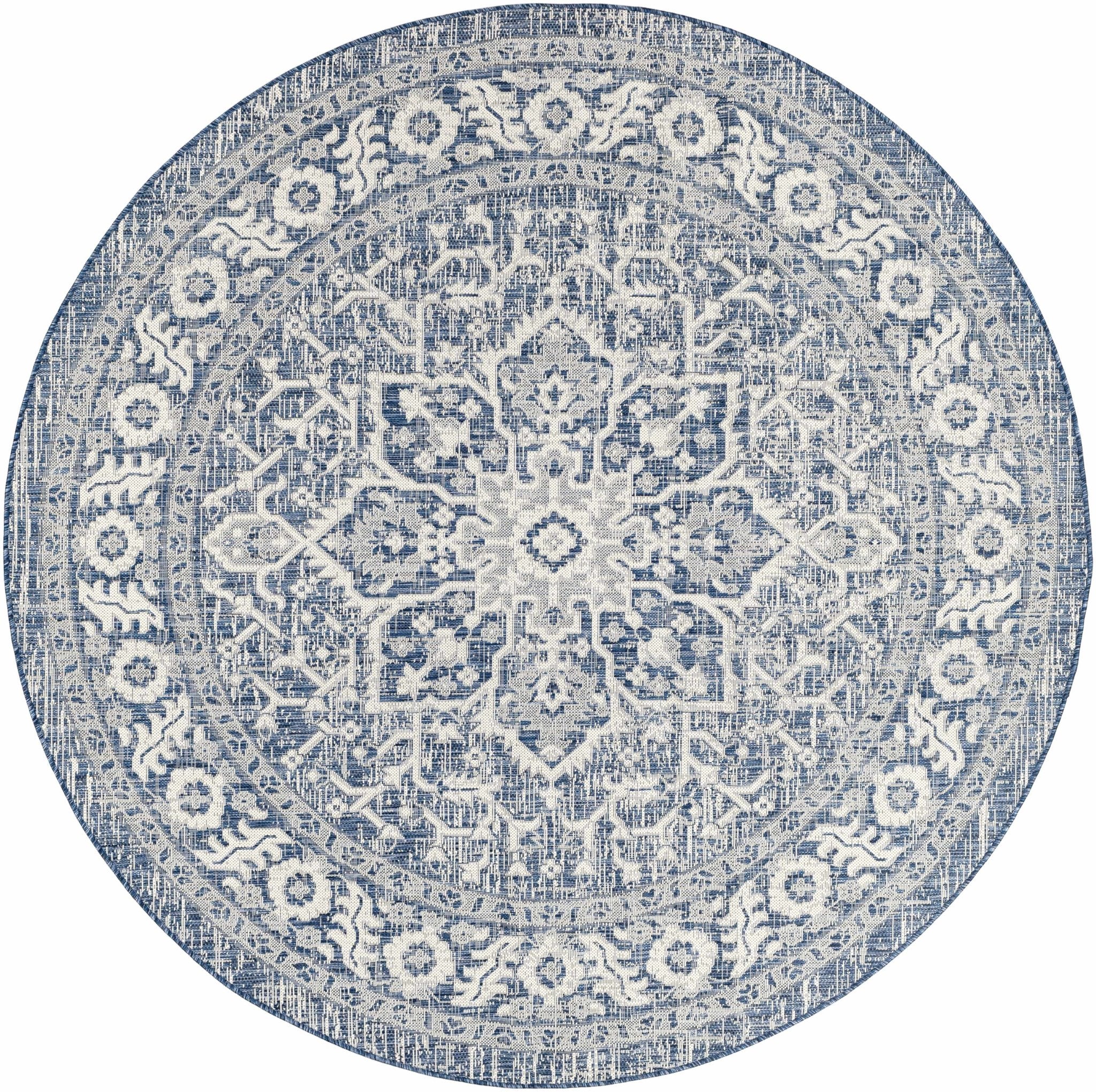 Traditional Medallion Design Blue and Ivory Machine Woven Rug - Image 6